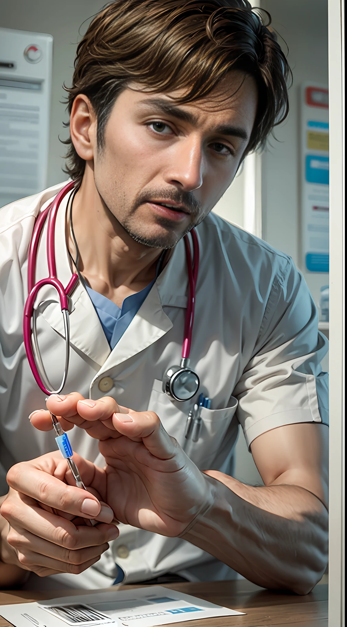 doctors office, male doctor showing dna tests, talking with patient, worried