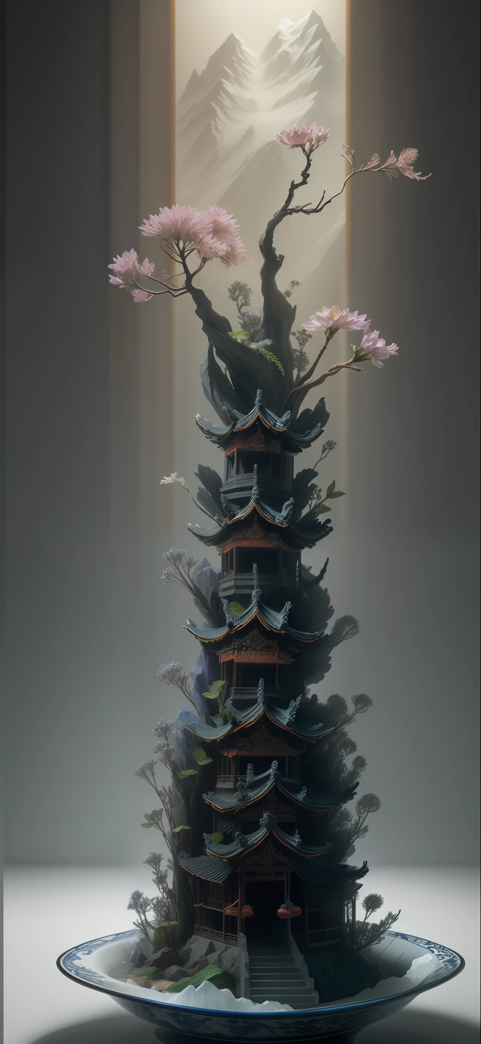 best quality, realistic, photorealistic,  ultra detailed, "Mountain of Flower and Fruit+Fairy+Chinese Architecture" highly detailed carving on "southern ice" porcelain,Ultra wide angle,Accent Lighting,Volumetric Lighting,backlighting, (detailed light),((an extremely delicate and beautiful)),dramatic_shadow,ray_tracing,hdr