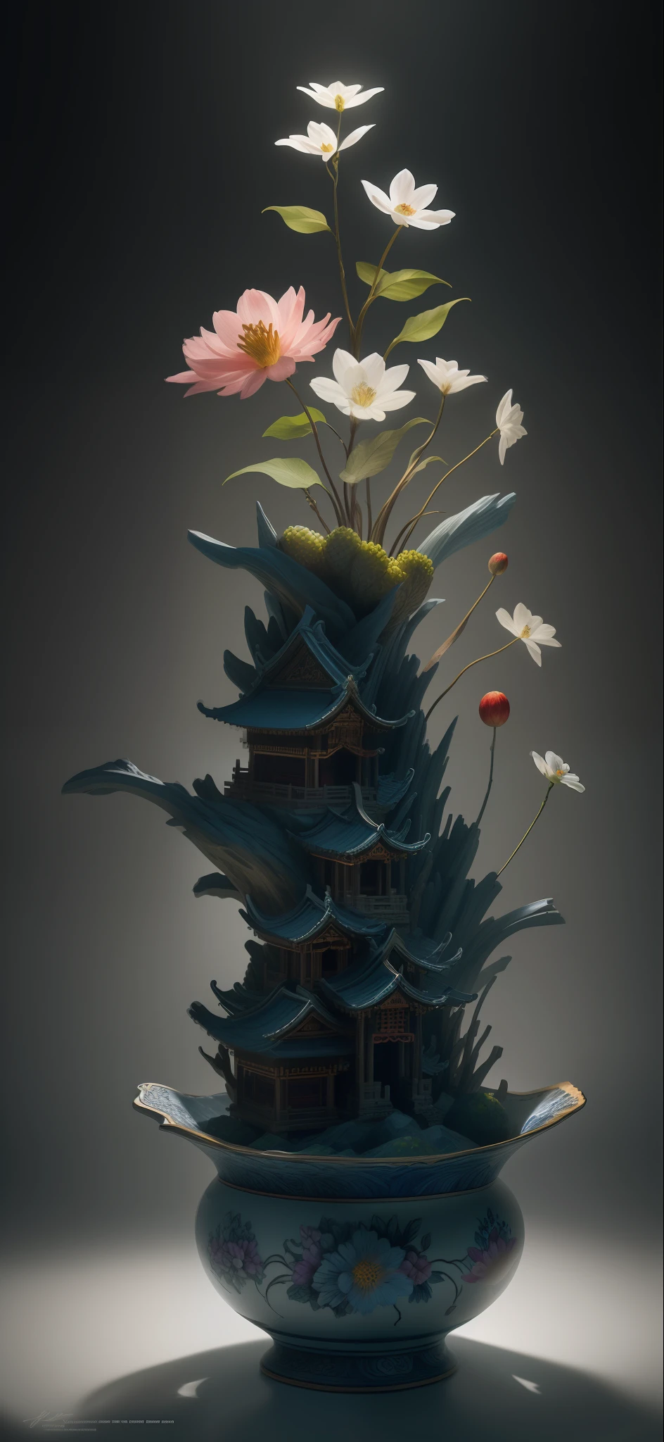 best quality, realistic, photorealistic, ultra detailed, "Mountain of Flower and Fruit+Fairy+Chinese Architecture" highly detailed carving on "southern ice" porcelain,Ultra wide angle,Accent Lighting,Volumetric Lighting,backlighting, (detailed light),((an extremely delicate and beautiful)),dramatic_shadow,ray_tracing,hdr