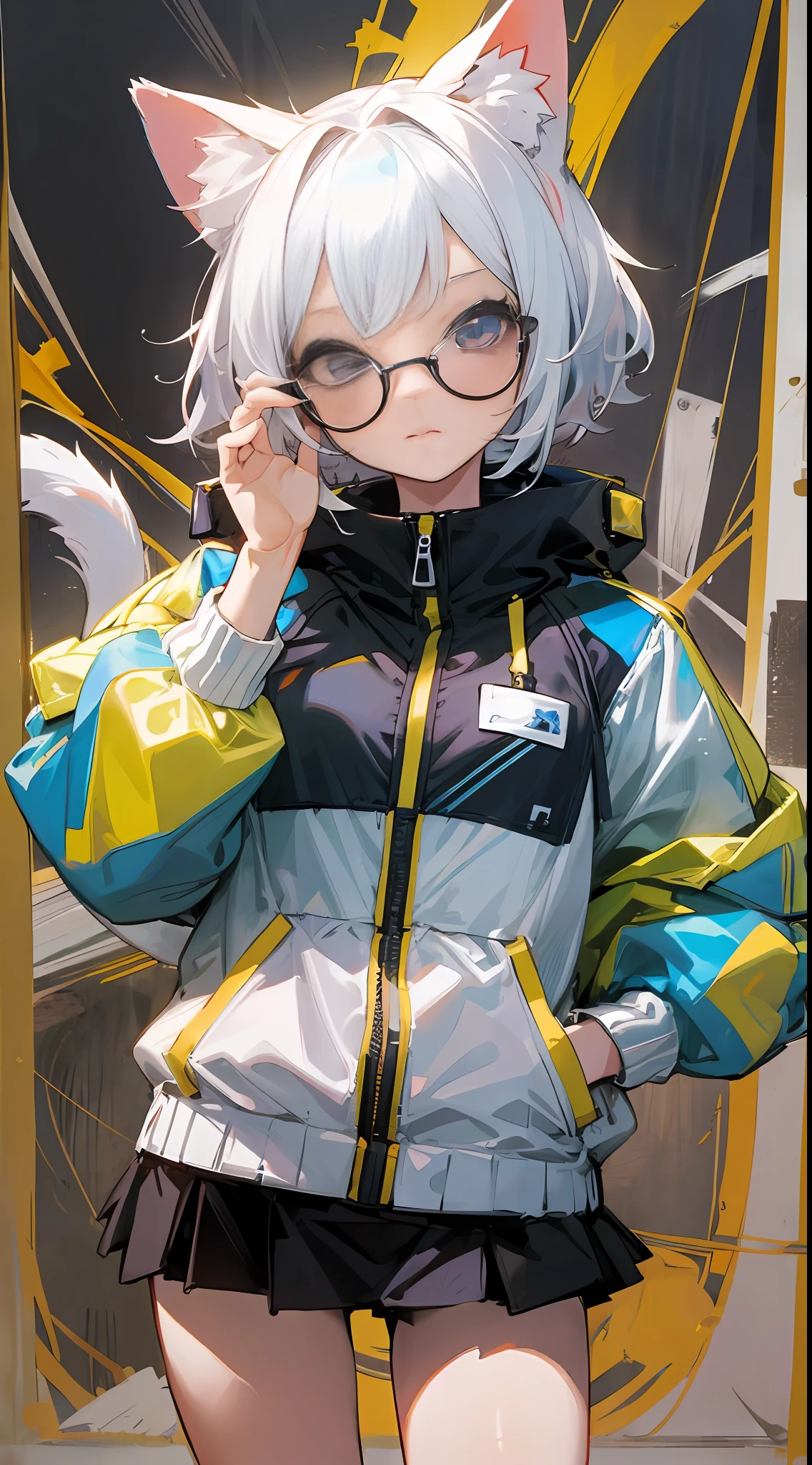 "High quality paintings, extreme detail, cute cat ears, soft cat tail, unique pose. Short white hair, charming petite figure, 130cm, small children, trendy modern style dress, sunglasses, storm jacket, short skirt