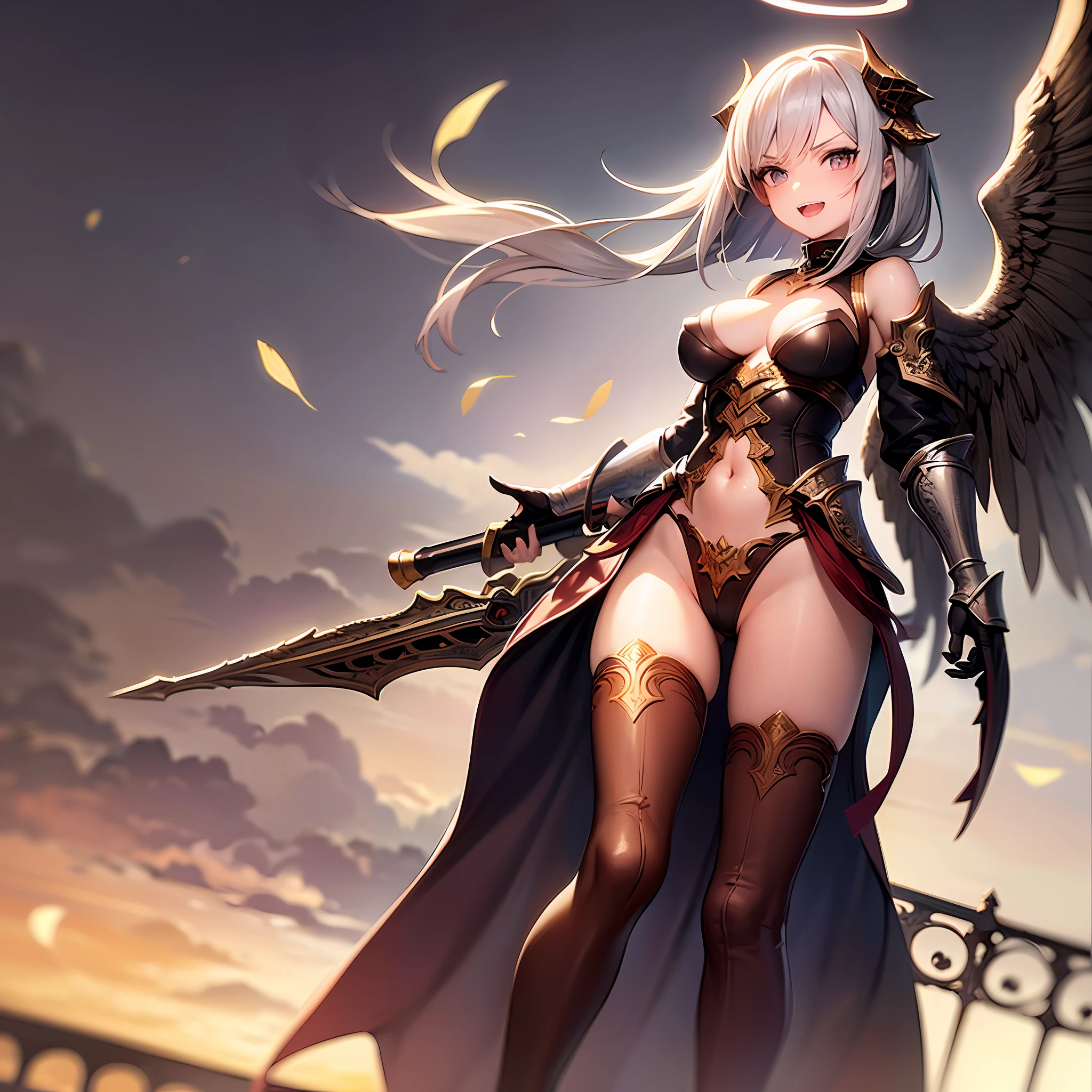 fantasy, 1angel_girl,child, loli,dark_color_hair, medium_bob_hair, long_bangs, halo,bare_shoulder,thighhighs,(shiny_silver_armor:1.1), waist_armor, large_breasts,angry,smile,open_mouth1pair_wings, dynamic_ pose_fighting,floating, bare_crotch, covered_nipples, covered_pussy,headgear,gauntlet, greaves, pelvic_curtain, city_sky_background,slightly_spread_legs, solo, groin_naked,(masterpiece, best quality, best quality, official art, beautiful and aesthetic:1.2), (1 girl), very detailed,