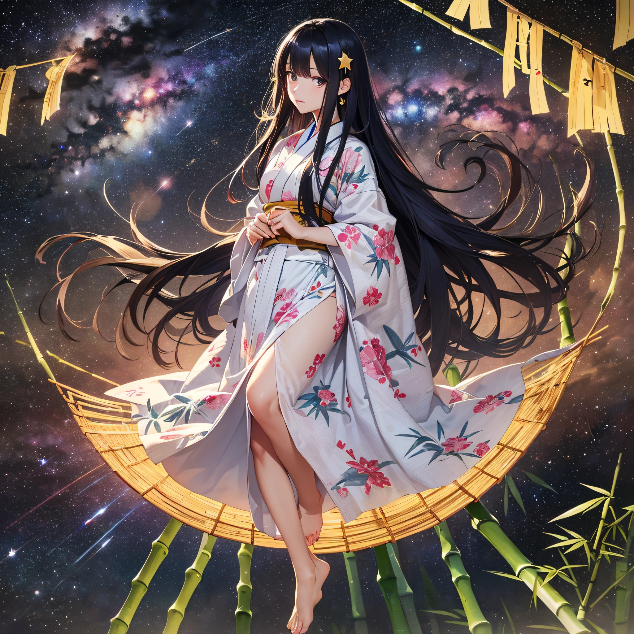 Masterpiece, highest quality, realistic, (((Tanabata: 1.8)))), ((Star Festival: 1.5)), (Orihime in a yukata and waiting for her with long black hair and a large star-shaped hair ornament and looks sideways at the viewer with a lonely expression)))), (((Galactic stars in the dark night sky)), 20 years old, full body, photorealistic, ((leans on bamboo with a large amount of thin colored paper)), calf, barefoot