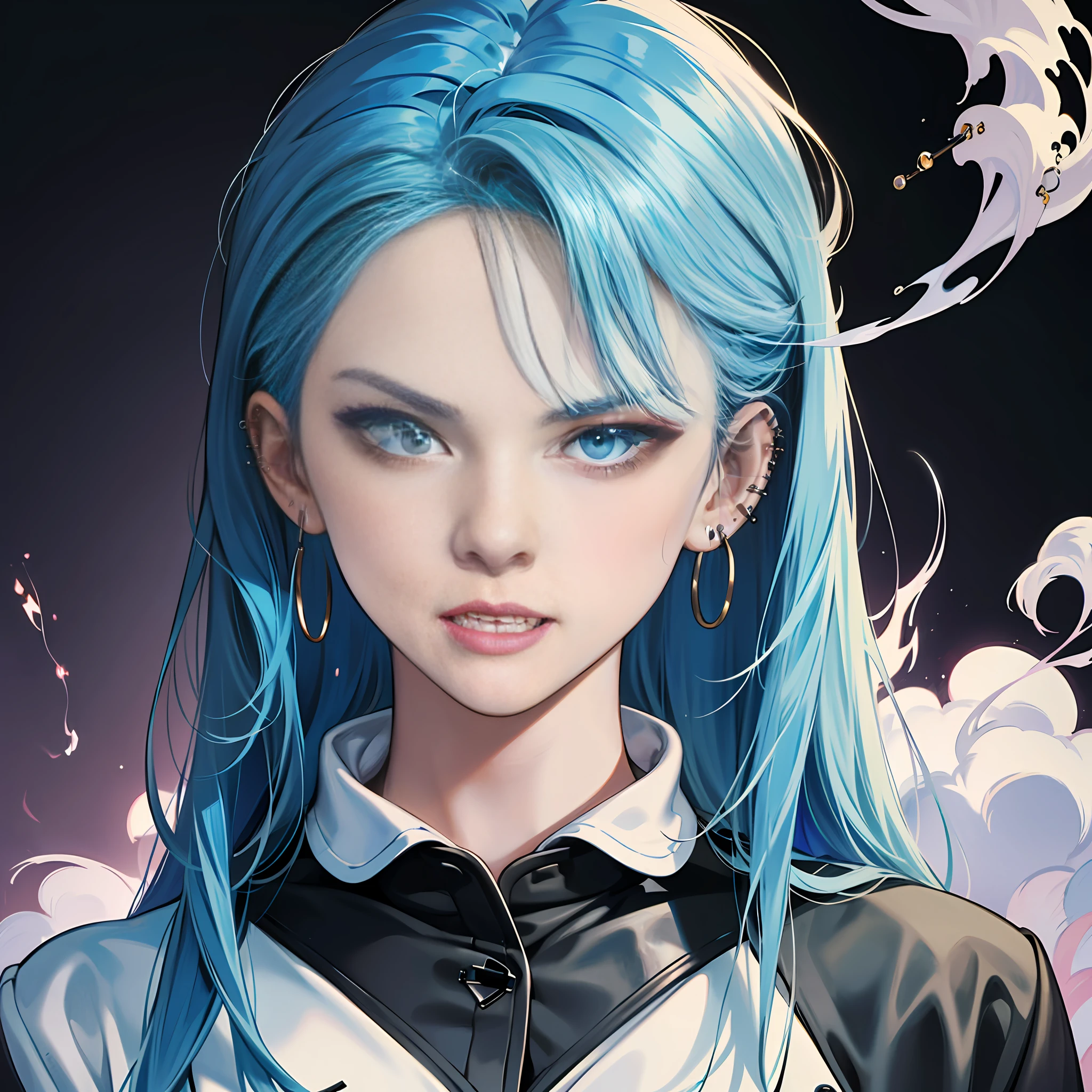 traditional media,masterpiece portrait, high quality anime,highres,Dark Fantasy,Colored Pencil,1girl is smoking,ice blue hair,Dark Mode, Angry,(Lip piercing with lip ring:1.5),Bioluminescence,(smoke:1.2),