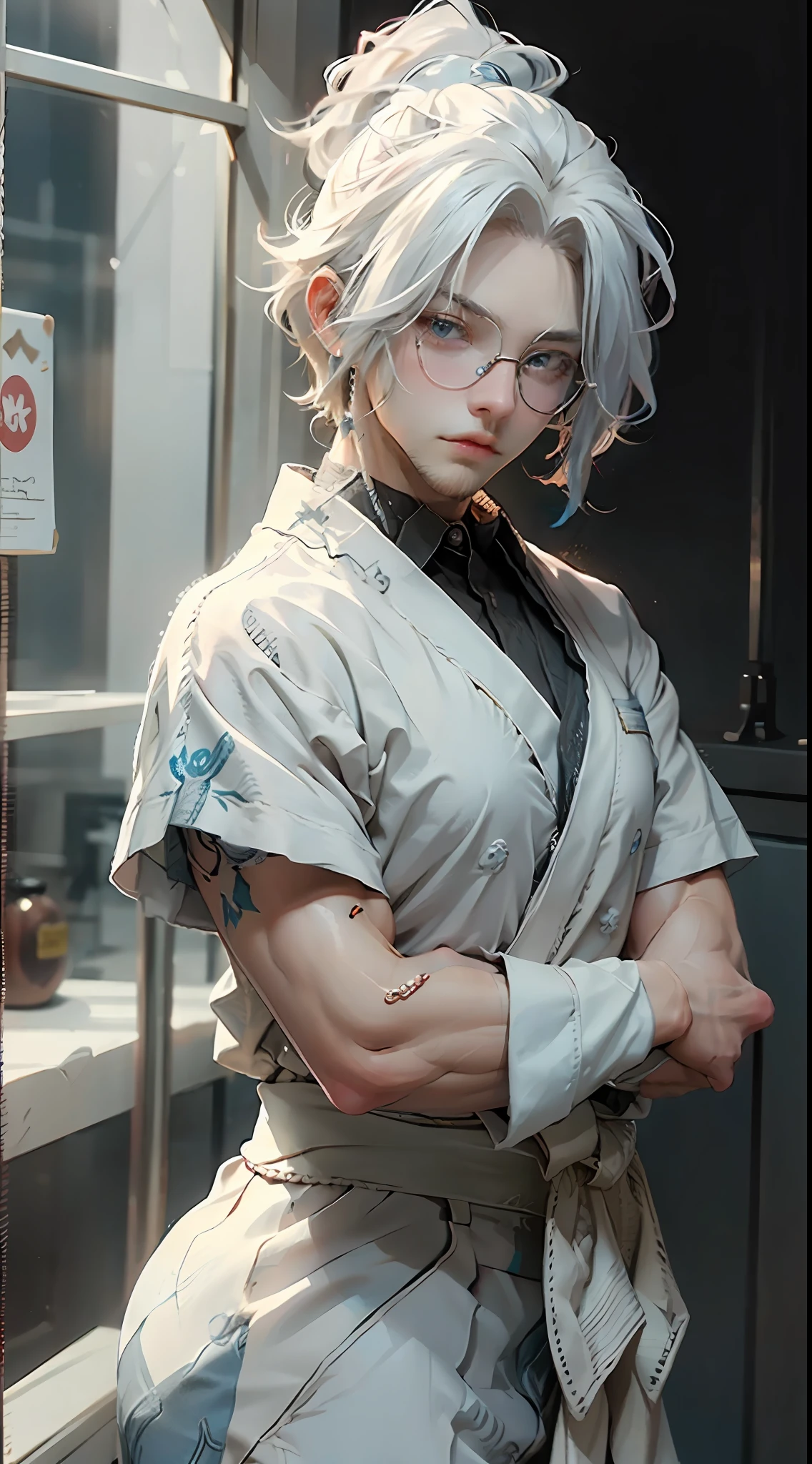 A cool man, muscular man, stony, wearing maid, white hair, blue eyes, wearing glasses