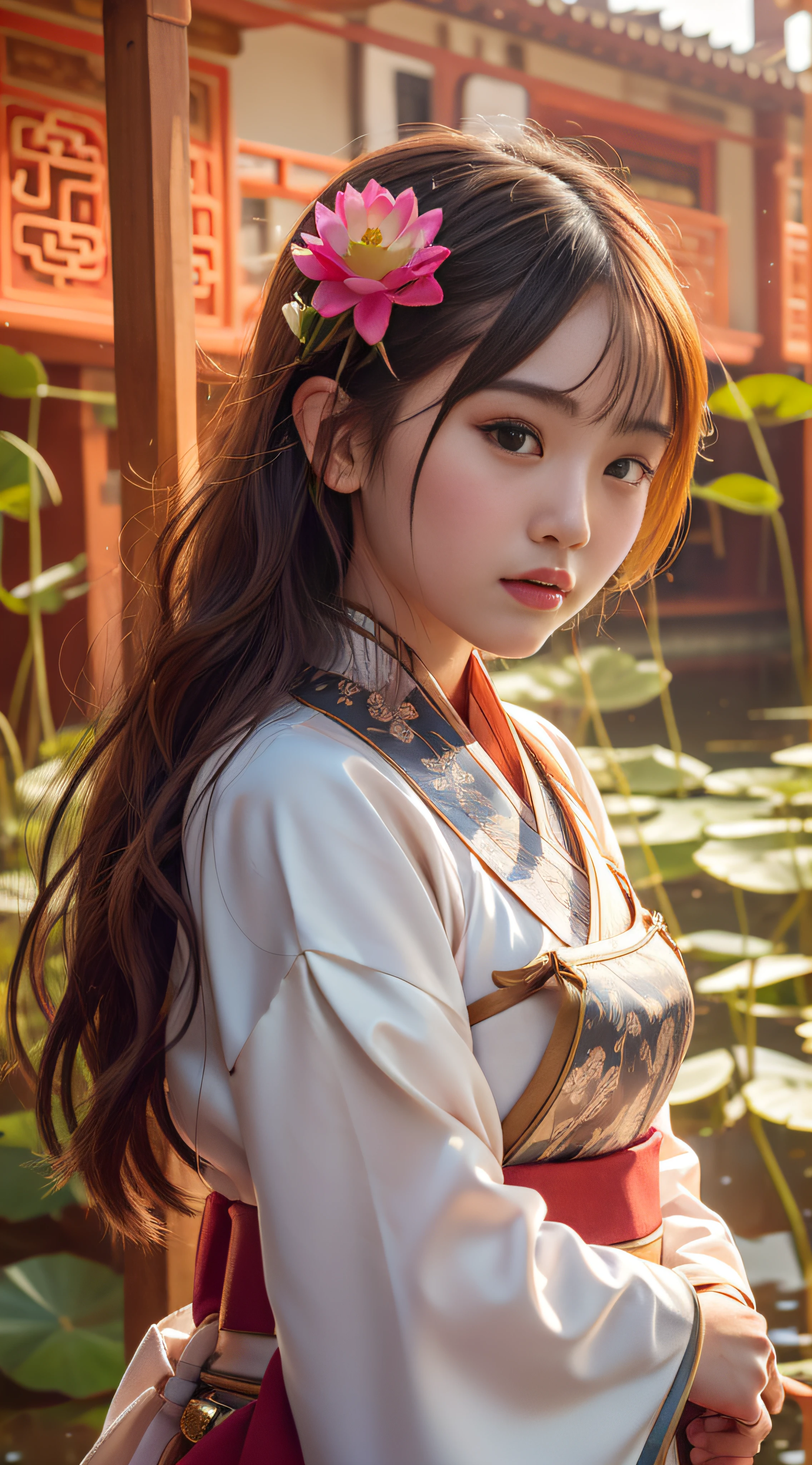 A slightly chubby beauty，long way hair，Yellow short-sleeved hanfu，prette，Chinese wind，Tang dynasty beauty，Round face，Busty and sexy，Side face，Picking lotus flowers，Lotus in hand，Small wooden boat，Delicate facial features，The same person，Same outfit，high-definition，Macro，high qulity