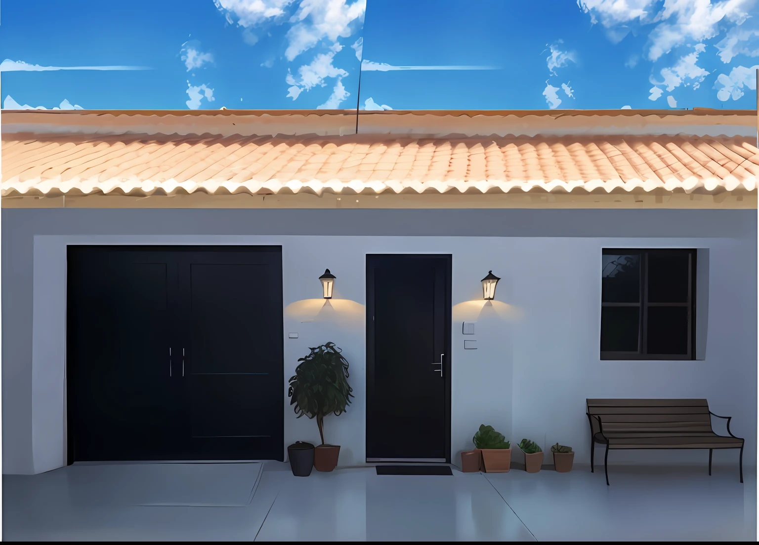 there is a picture of a house with a bench and a door, estilo fotorrealista, em frente a uma garagemm, front view dramatic, exterior grande angular 2022, estilo fotorrealista, Vista frontal, hyperreal rendering, highly photographic render, garagem, telhados de telha, photo realistic symmetrical, tiro frontal, sky made of ceiling panels