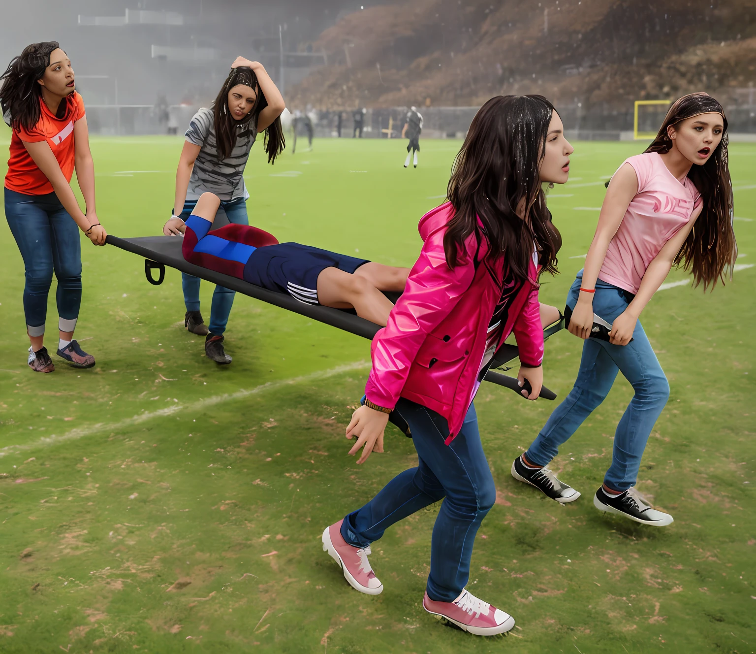 There is a man lying on a stretcher with his hands crossed over his face, a man in a t-shirt and sports shorts has crossed his hands over his face, the man has an agonised face under his hands, two longhairedponytailed women that are wearing very shiny coats, there are longhaired women wearing laquered puffy coats, longhaired women are walking in wetlook puffy coats, several women walking around a football field with an injured athlete on a stretcher, the injured athlete on the stretcher covers his face with both hands, the women look very worried, behind the women there is a frightening atmosphere, there is heavy rainfall in the background, video still, behind the scenes, Malika Favre, screenshot, footage, 4 0 9 6, cover photo, aesthetic shot, dramatic mood, intense scene, Making of, Mongezi Ncaphayi, Thriller atmosphere, Filming, Edited