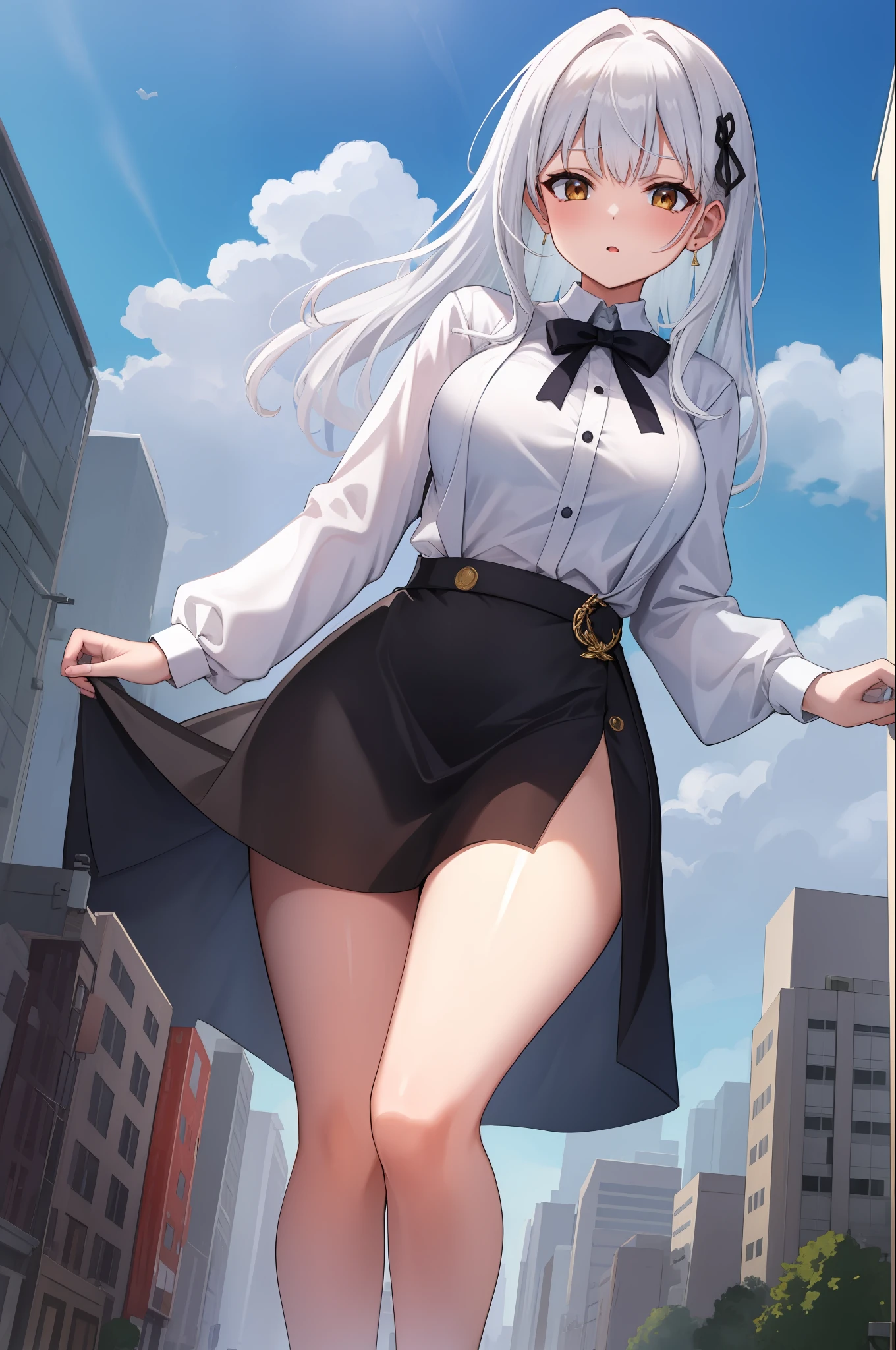 Best quality, masterpiece,white hair, gold eyes,white clothes, GTScramped, Looming, busty