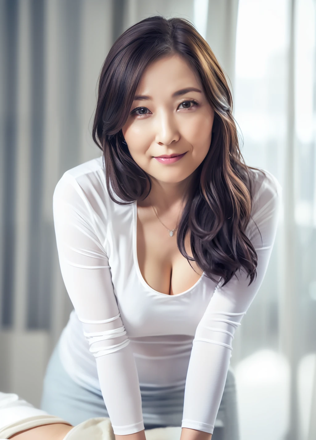One lady、(high - resolution、A masterpie、best qualiy、High Detail、official:1.4)、(Realstic:1.2、Hyperrealistic:1.1、photorealestic:1.37)、(sharpening Focus:1.4)、Depth-of-field、physics-based rendering、sadistic、(curl)、Wavy hair、(Plump)、(The big)、(Expose nipple)、(Detailed description of hair)、(Detailed description of the face)、(Detailed description of the body)、(White and translucent muscles)、Peerless beauty、(Extreme beauty)、 (Fat Evil Goddess), long legs, transparent white tight T-shirt, miniskirt, Walking around the hospital, makeup, (lipsticks:1.1), (eye liner:1.2), mascara, eyeshadows, large cleavage, (45 years old,: 1.4), (full entire body: 1.4), pov, beauty salon esthetician, (massaging:1.3), bent over, Masterpiece, Best Quality, high - resolution, Detailed skin, Detailed, Detailed face and eyes, Hi-Res, Natural lighting, Perfect Anatomy, Physically-based rendering,