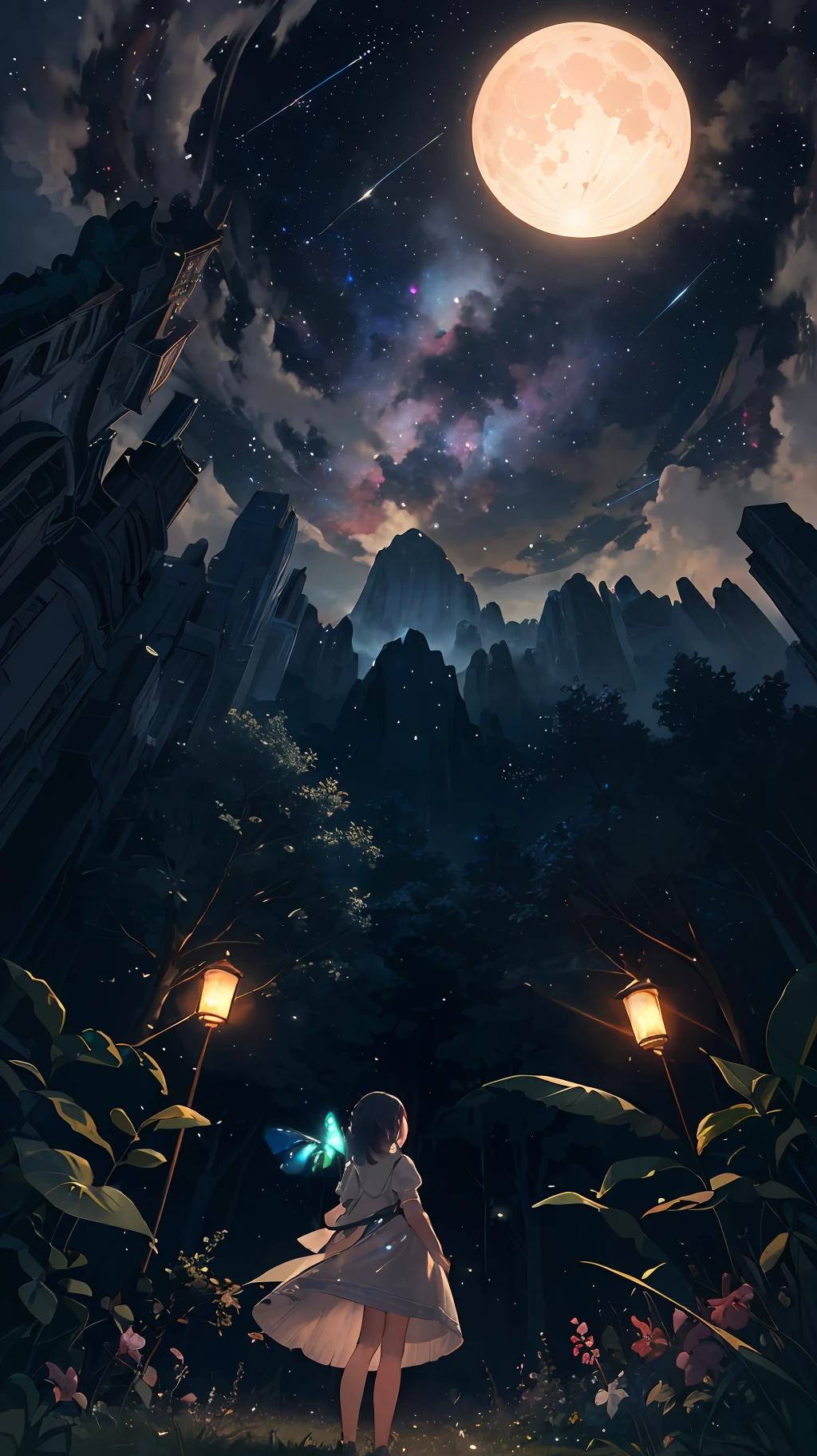 Photos of vast landscapes, (seen from below, sky and forest below), little girl standing in a flower field looking up, (Full Moon: 1.2), (Meteor: 0.9), (Nebula: 1.3), Distant Mountains, Tree Breaking Making Art, (Warm Light Source: 1.2), (Firefly: 1.2), Lights, Cyan and Orange, Intricate Details, Volumetric Lighting, Realism Rest (Masterpiece: 1.2) (Best Quality), 4K, Ultra Delicate, (Dynamic configuration: 1.4), High detail and colorful details, (Iridescent colors: 1.2), (Glow lighting, atmospheric lighting), Dreamy, magical, (Solo: 1.2)