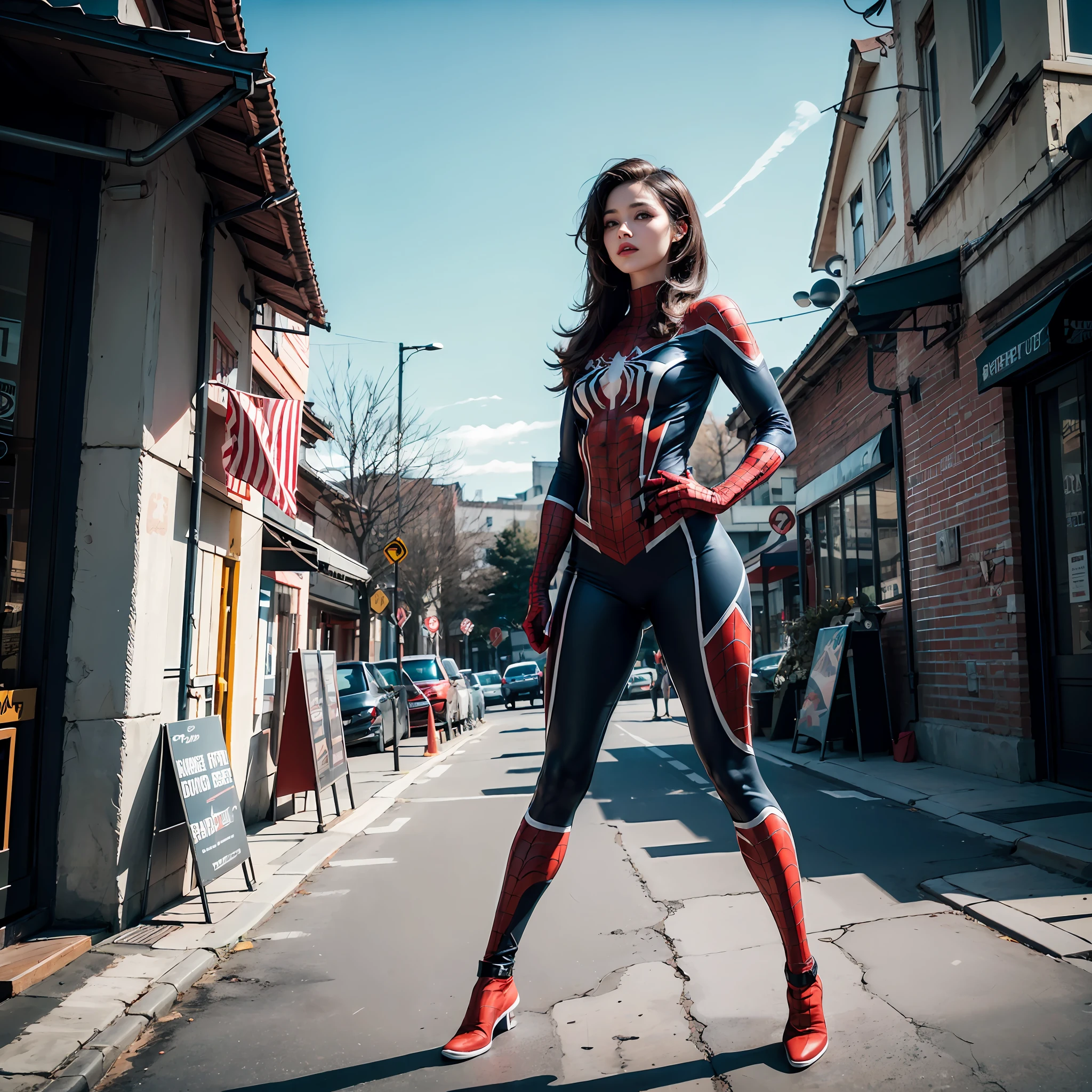 a sexy curvy girl, wearing authentic spiderman cosplay custume, outdoor park setting, full body shot, photorealistic, (hi-top fade:1.3), dynamic cinematic pose, alluring, long hair soothing tones, muted colors, high contrast, (natural skin texture, hyperrealism, soft light, sharp),