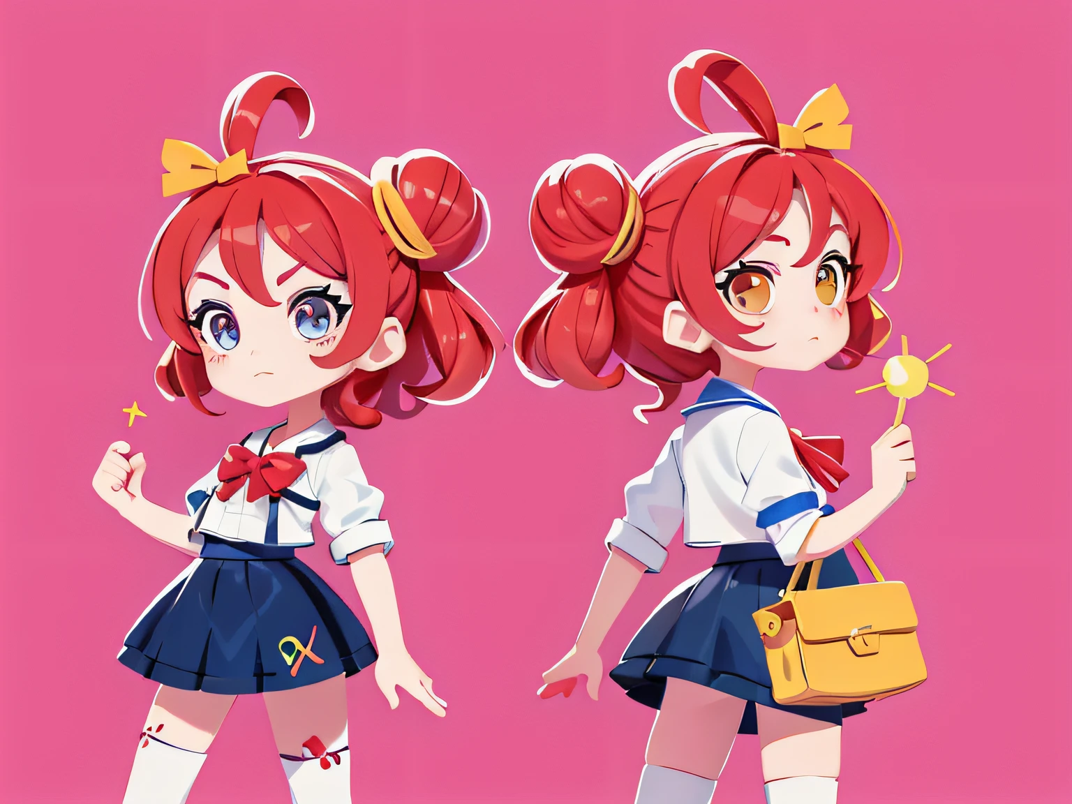 caracter personagem, folha de personagem frente, costas e perfil, design de personagem, corpo inteiro, Various poses and expressions, 1 menina 9 anos. Curly and red hair up to the shoulder. Bow on pink head. Olhos castanhos e grandes e lindos bem realista. olhos (((with black iris))). pele branca. mesmo personagem. wearing dark blue skirt and white blouse as high school uniform. Meia branca e sapato preto. mesmo personagem sempre. super detalhado, estilo dos desenhos animados, 4k, arte conceitual, arte conceitual, character creation, obra prima, melhor qualidade, desenho perfeito, well-defined illustration, perfect and symmetrical strokes ((olhos bem definidos e brilhantes))