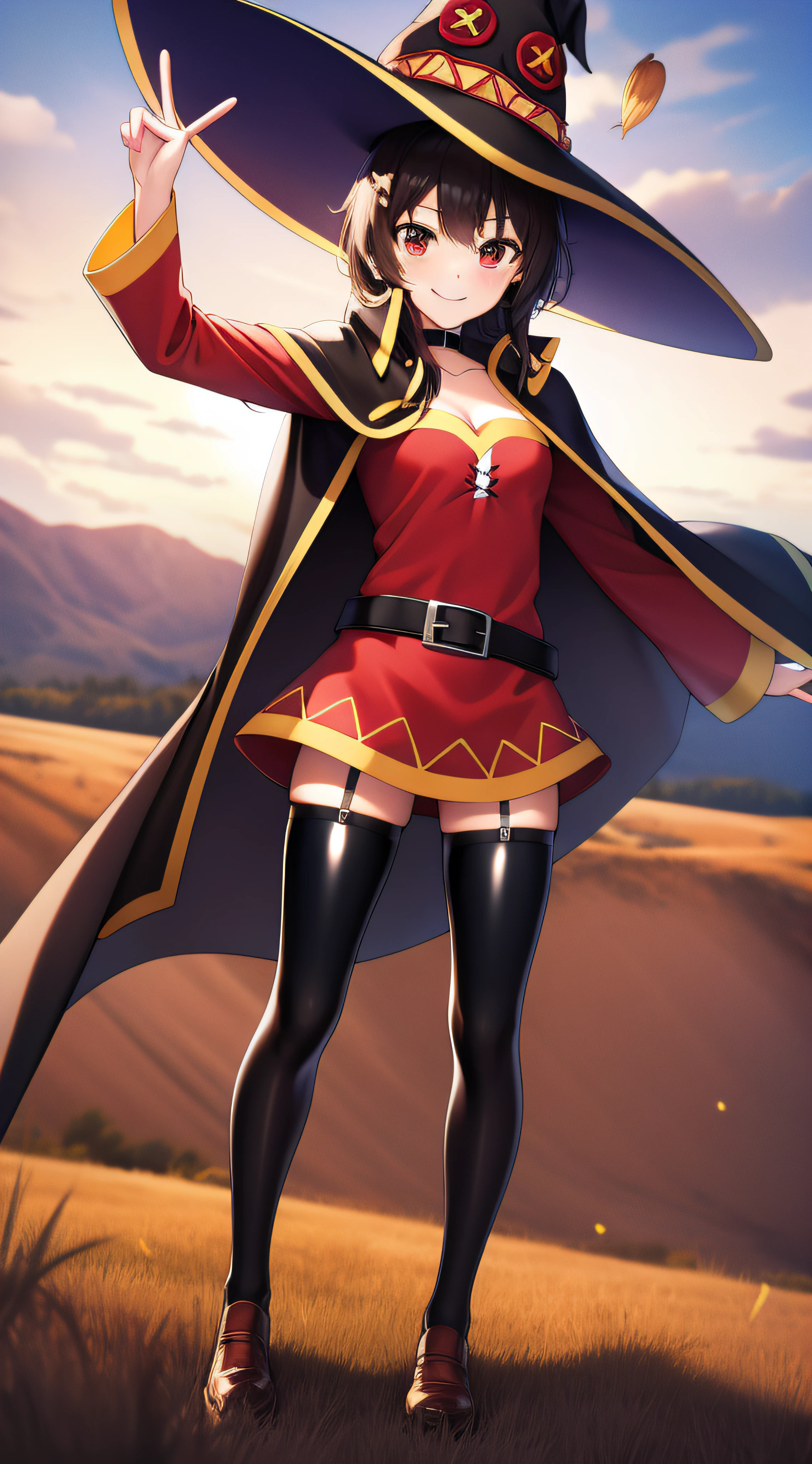 ((Masterpiece)), (Best Quality:1.7), (Detailed:1.4), (high-resolution:1.4), 8K, (Colorful:1.5), 2D, high-resolution, sharped image, 4k, HD, Megumin_Konosuba, a 1girl, (((独奏))), ((black hair)), black thigh highs, wicth, witch hat, brown belt, red eyes, red dress, middle body, Cowboy shot, a smile, ((middle breasts,)), (((capelet))), peace symbol, long  sleeves, (cleavage), legged, Long legs, school, ((field)), sun, skye, clouds, spread her legs, ((looking  at viewer)), (((two arms))), (((two arms))), Choker, ((black cape)), ((((peace symbol)))), belt, Particles, Cinematographic lighting, Blush, surprised, ((latex stockings)), (Seductive pose), Explosion in the background, latex.