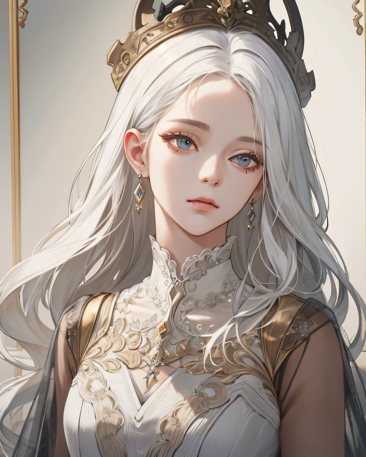 (Extremely Delicate and Beautiful:1.2), 8K ,(Masterpiece:1.0),(best_quality:1.0), 1girl, mature woman, complex details, enlarged textures, complex details, finely detailed eyes and detailed face, intricate details, white hair, (closed mouth), perfect eyes, equal eyes, (goddess), perfect body, extremely detailed