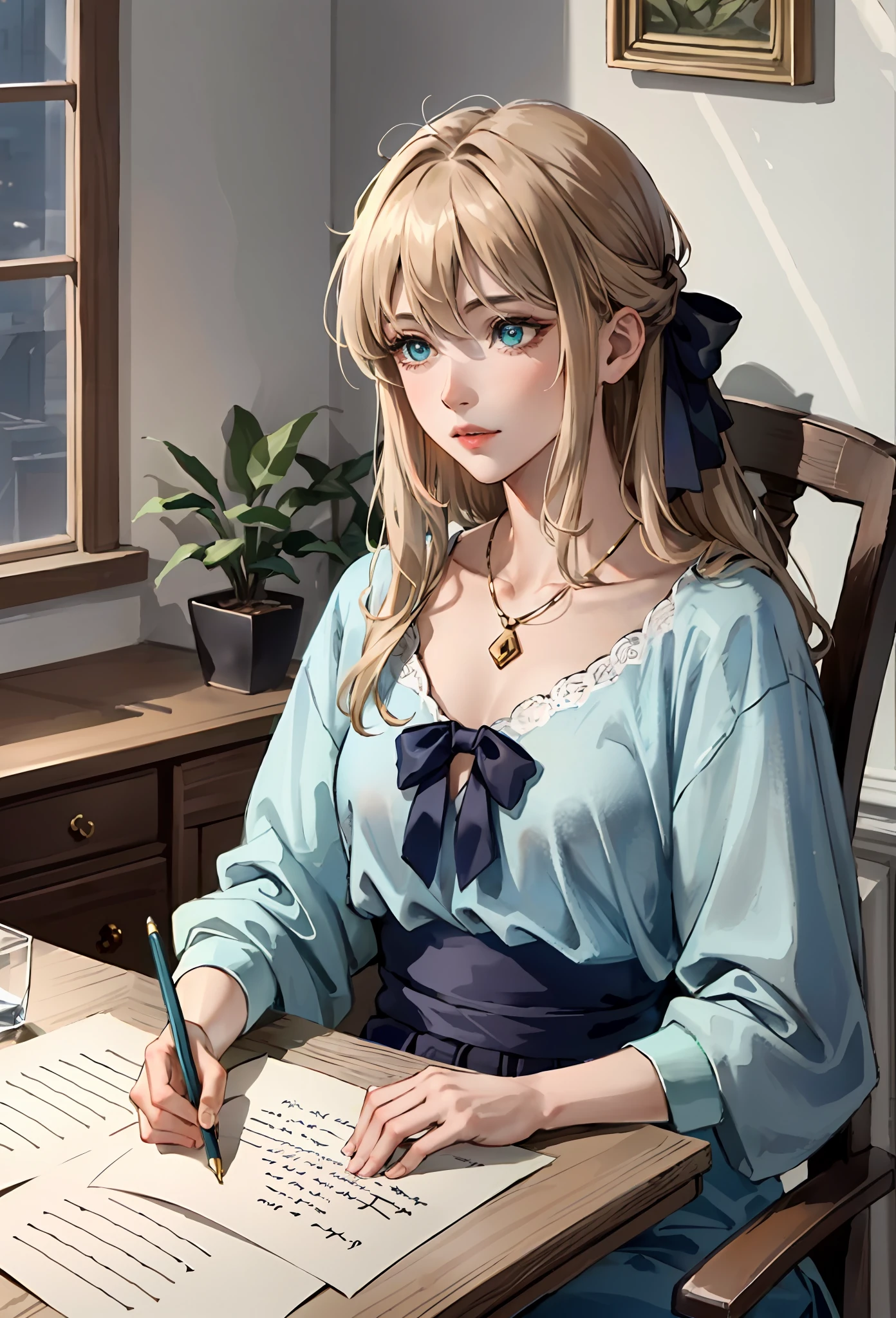 (masterpiece, Top quality, Best quality, officlal art, Beautiful and aesthetic:1.2), (1girls), extremely detailed details,Slightly raised chest，illumination，complex backgrounds，Detailed details，During the Day，inside room，den，desk，On the table is a typewriter from the 20th century，envelop，violet，1lady，gold hair，shorter hair，hair strand，Violet Evergarden，Violet Evergarden，violet，Automatic handwriting dolls，（Blue-green eyes，Beautiful sapphire-like eyes），Glazed eyes，20th century English dress，sitting in chair，Side Body，Look into the distance，An emerald necklace is worn around his neck，unexpressive，bow one's head，Look at the table，Writing a letter，unexpressive，Mechanization of the hands，perfectly shaded，Light and shadow reflection