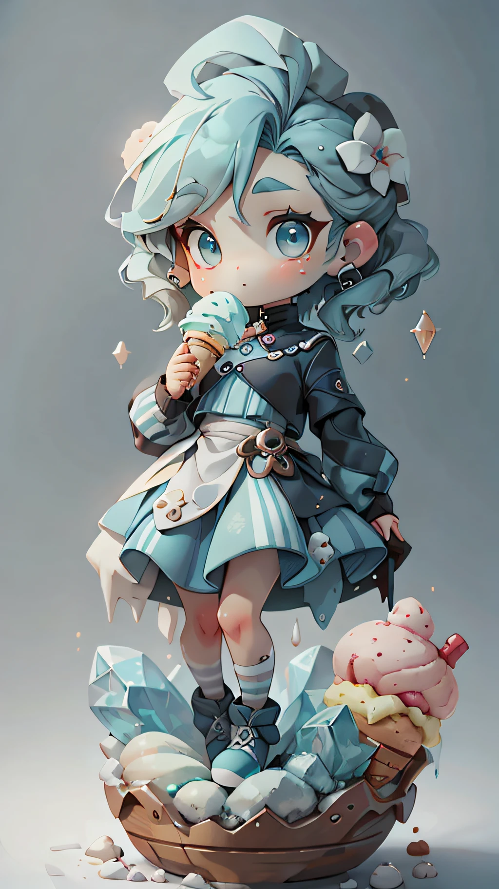 plastican00d， 1girls， Chibi T-Shi， Blue hair， Luxury fabrics， dithering， Ice cream texture，Profound， looks at the viewer， Striped background