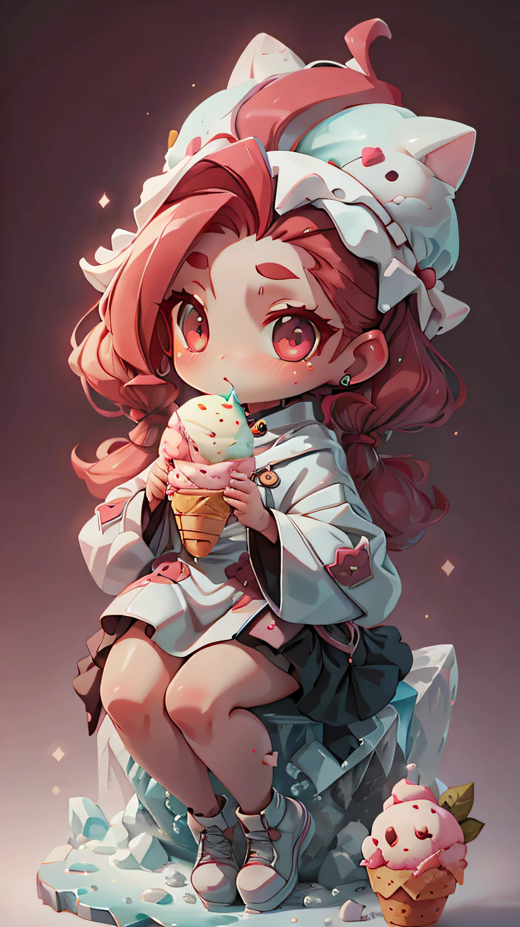 plastican00d， 1girls， Chibi T-Shi， red tinted hair， Luxury fabrics， dithering， Ice cream texture，Profound， looks at the viewer， Striped background