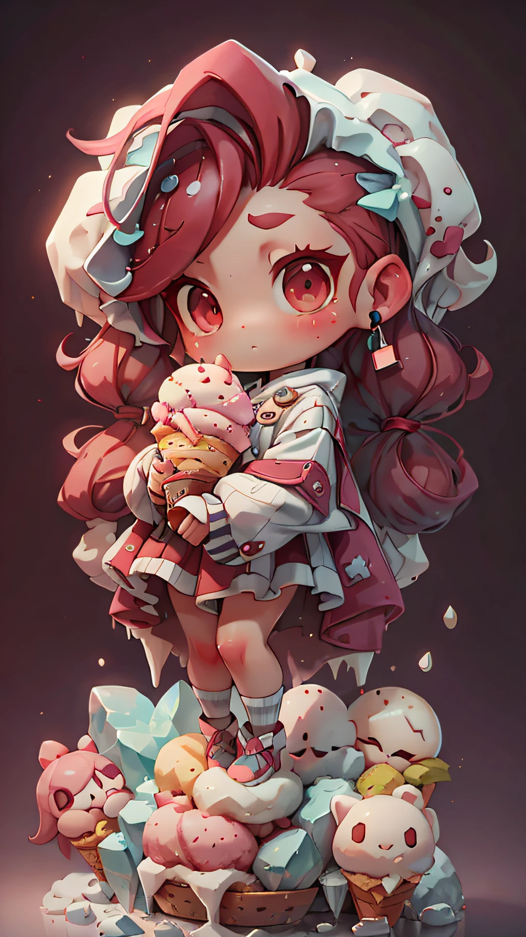plastican00d, 1girls, Chibi T-Shi, red tinted hair, Luxury fabrics, dithering, Ice cream texture,Profound, looks at the viewer, Striped background