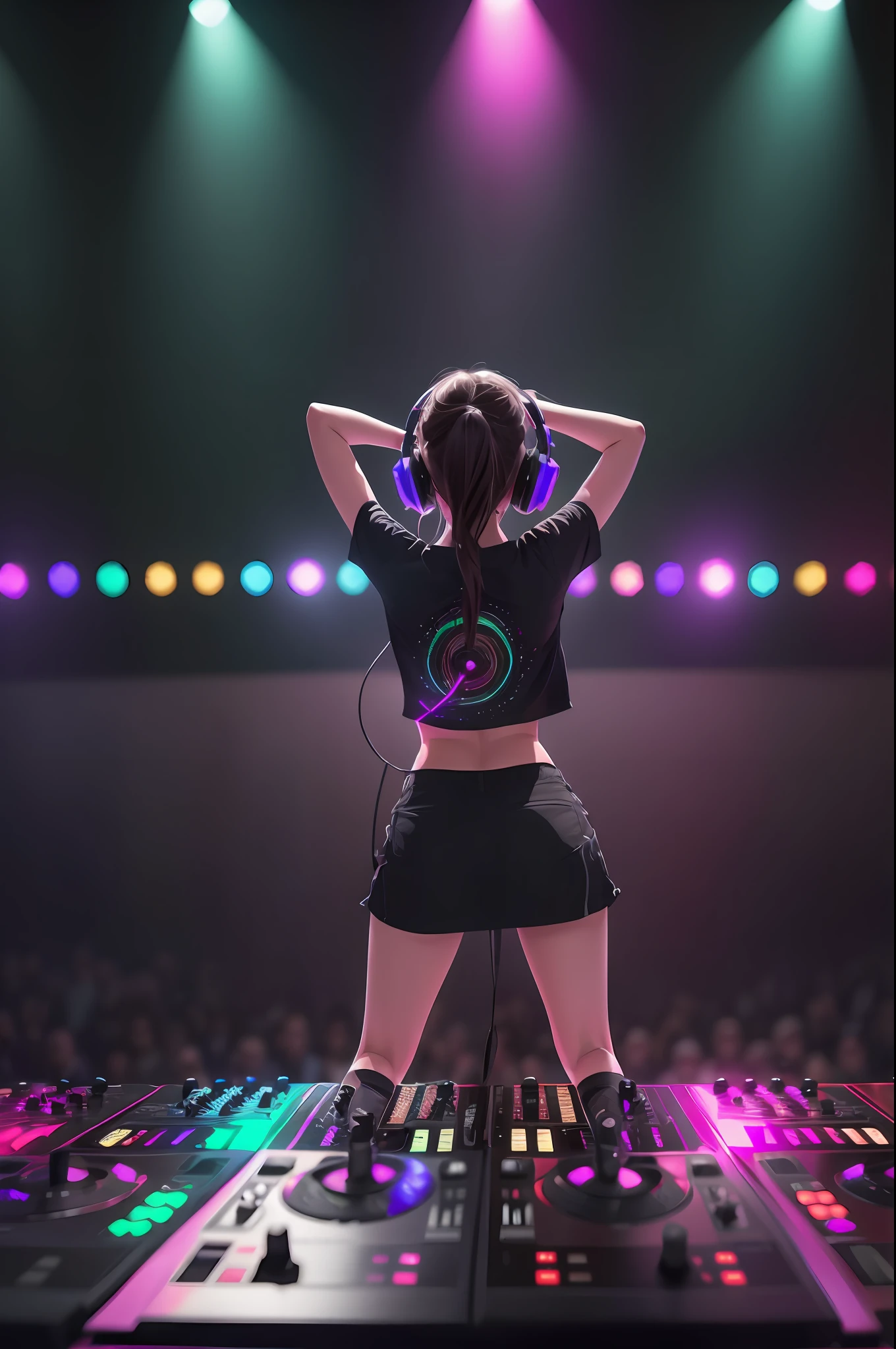 The girl is standing on a DJ platform with mixing equipment in front of her.
She is wearing headphones and looking at the crowd.
The crowd is dancing and enjoying the music around them.
There are colorful, pulsating lights illuminating the dance floor and the audience.
The image has 4K resolution, which means that the quality is extremely high and detailed. --auto --s2