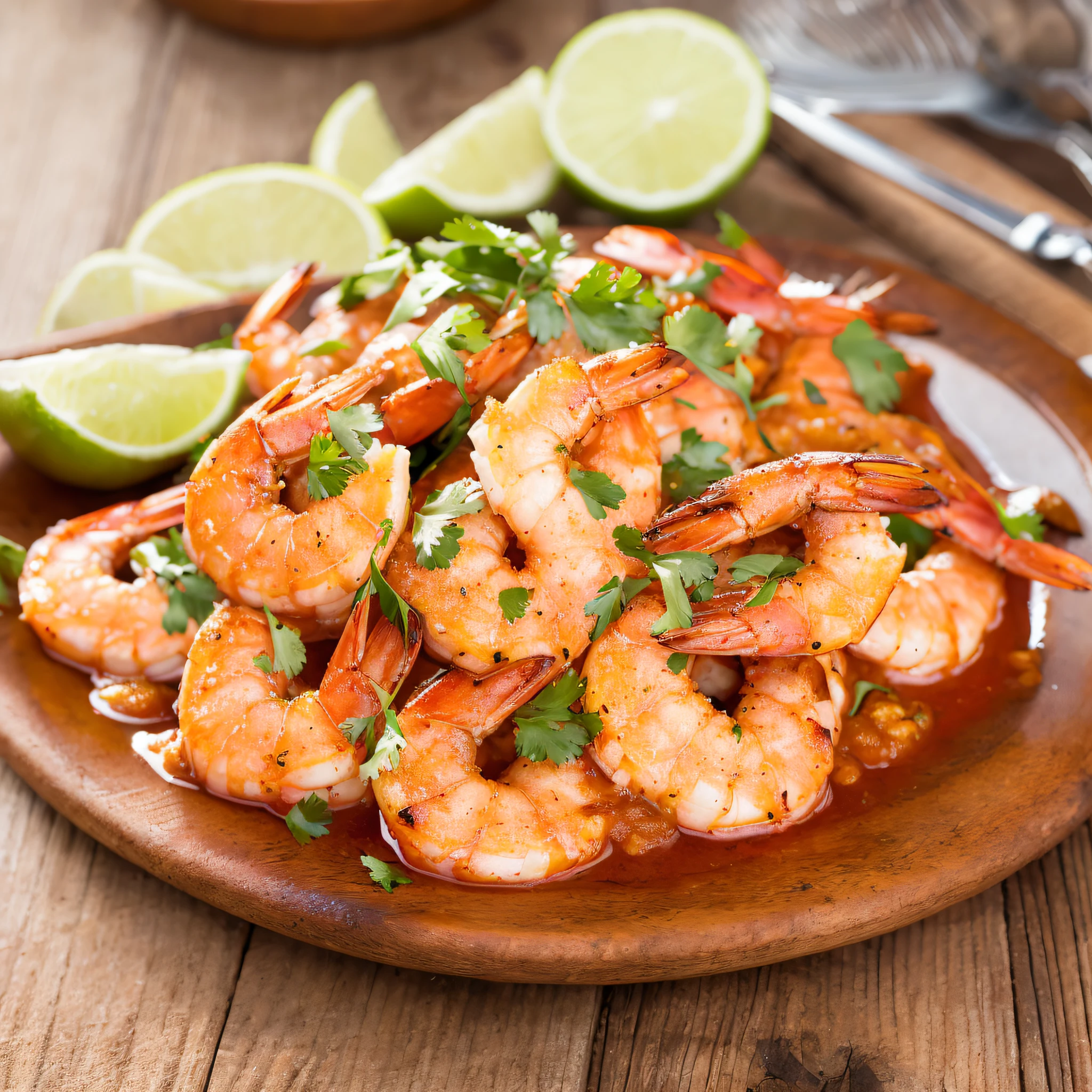 spicy shrimp on a wooden table with tomato sauce