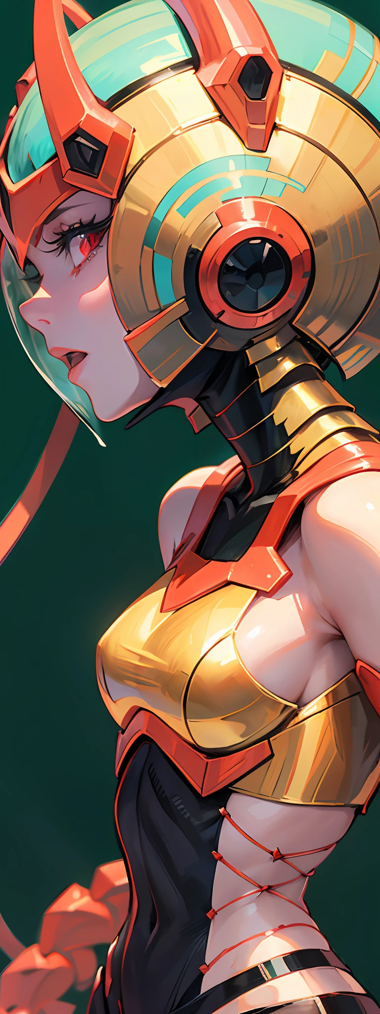 Cartoon photo of woman in green and red costume, hot insect humanoid woman, Guyver style, SFW version, red eye, scarab reploid, bellows tail, cel shade adult animation, alien queen, serpentine pose,