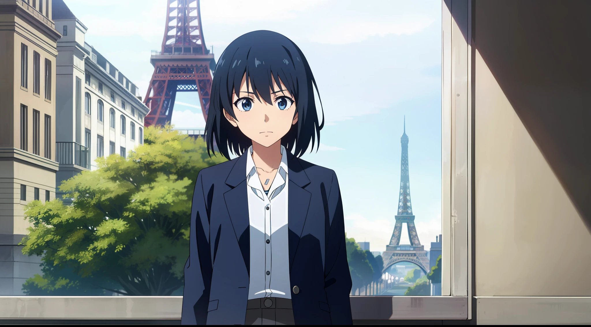 obra maestra, mejor calidad, muy detallado , 1girl, solo, cabello negro, cabello corto, ojos azules, camisa, corbata, sentado, scared, palace, cute, torre eiffel, francia, estatuas con moho, estatuas antiguas de fondo, la mujer esta asustada