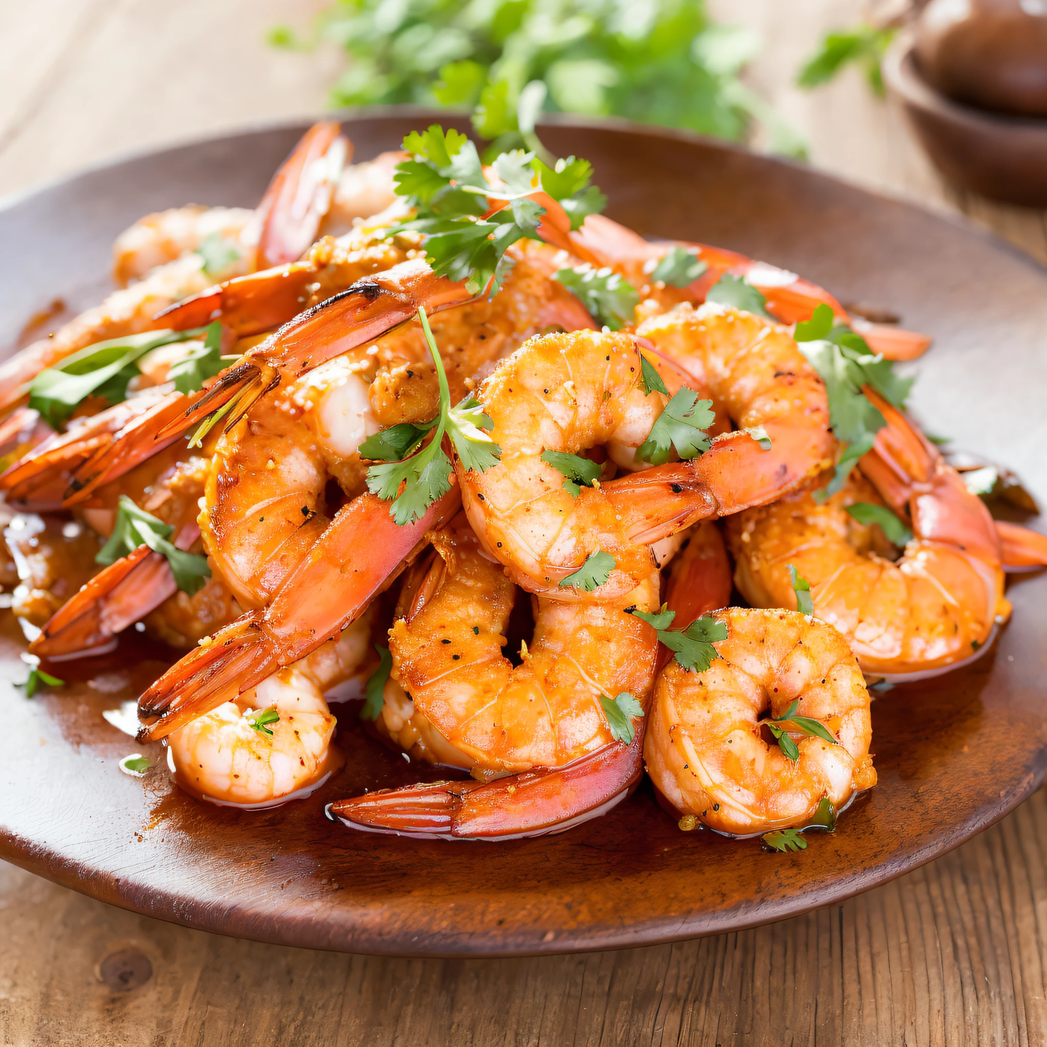 spicy shrimp on a wooden table with tomato sauce