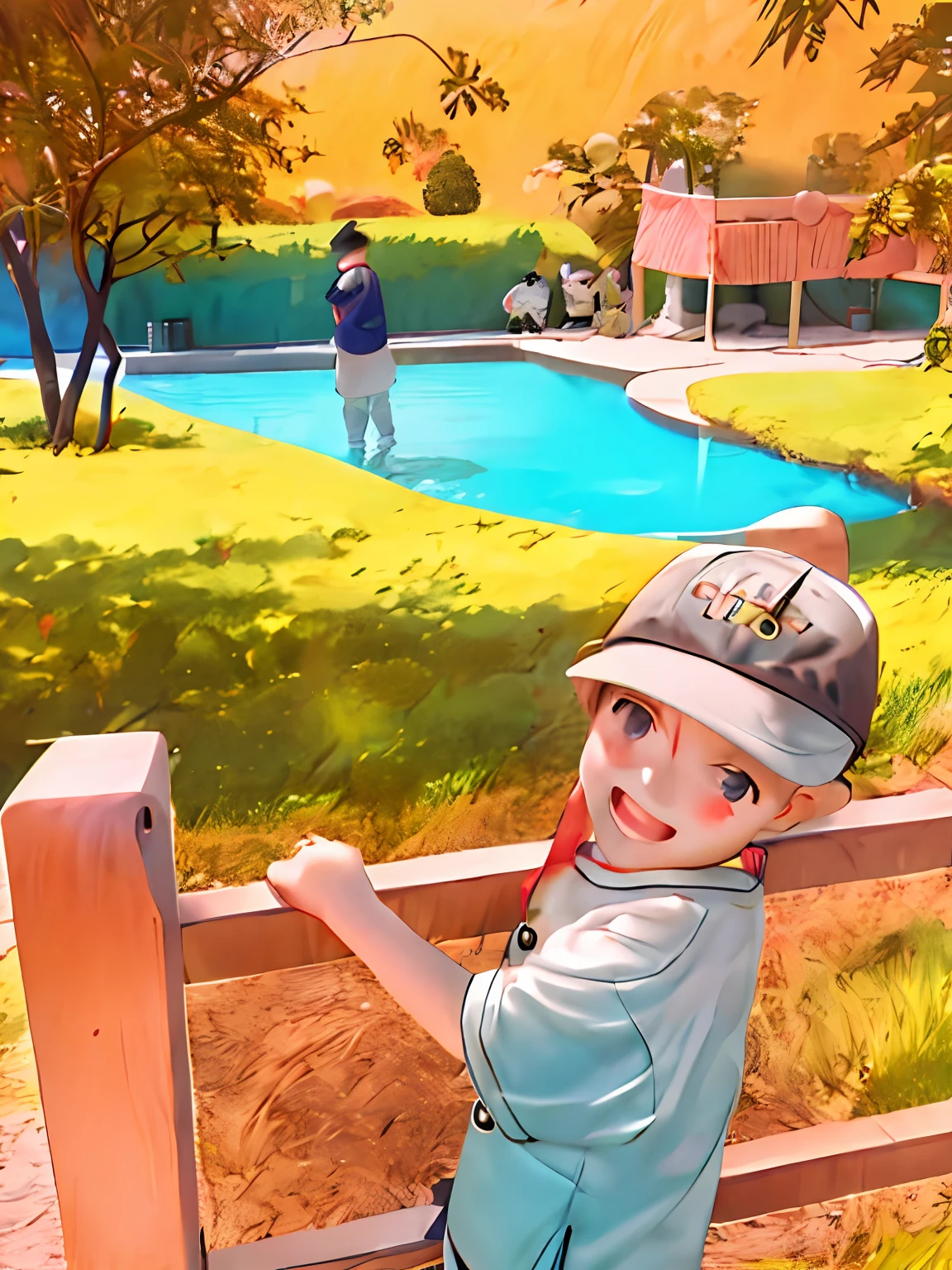 there is a young boy standing at a fence with a hat on, Happy kids, sangyeob park, 2 , having a good time, smiling coy, The child, kiig breasts, with a kid, looking happy, 4yr old, with ain the background, On a sunny day, iphone capture, he is at camp, coy smile