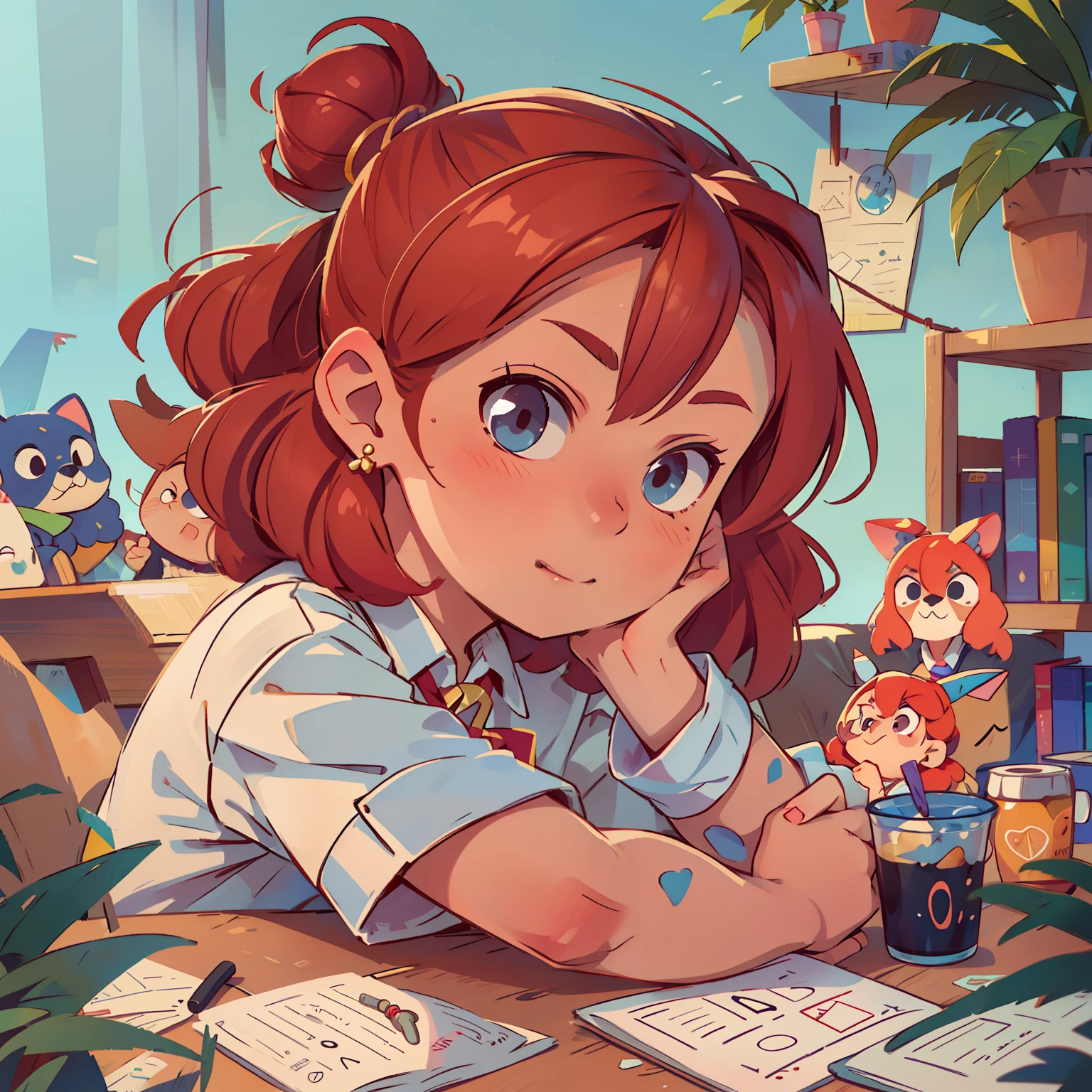 folha de design de personagem, mesmo personagem, headrest, perfil, Costas. 1 menina 9 anos. Curly and red hair up to the shoulder. Bow on pink head. Olhos castanhos e grandes. pele branca. mesmo personagem. wearing dark blue skirt and white blouse as high school uniform. Meia branca e sapato preto, (obra-prima: 1.2) (cartoon: 1.2) (Bokeh) (melhor qualidade) (pele detalhada: 1.3) (detalhe intrincado) (8k) (Detalhe Olho) (sharp-focus), (Feliz), ((arte conceitual do personagem)), ((folha de design de personagem, mesmo personagem, headrest, lado, Costas)), arte conceitual especialista de alto detalhe. toddler, feminina