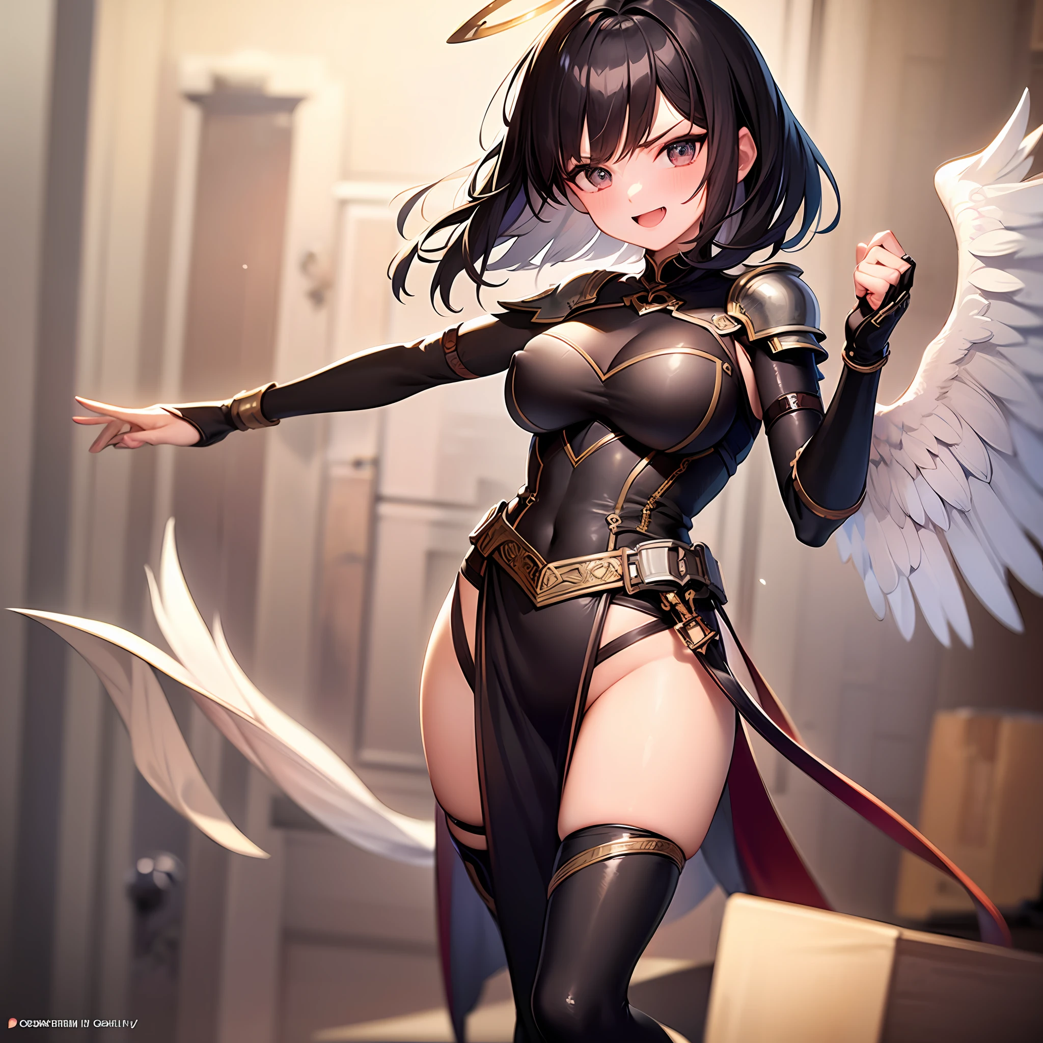 fantasy, 1angel_girl,child, loli,black_color_hair, medium_bob_hair, long_bangs, halo,bare_shoulder,thighhighs,(shiny_silver_armor:1.1), waist_armor, large_breasts,angry,smile,open_mouth1pair_wings, dynamic_ pose_fighting,floating, bare_crotch, covered_nipples, covered_pussy,headgear,gauntlet, greaves, pelvic_curtain, city_sky_background,slightly_spread_legs, solo, groin_naked,(masterpiece, best quality, best quality, official art, beautiful and aesthetic:1.2), (1 girl), very detailed,