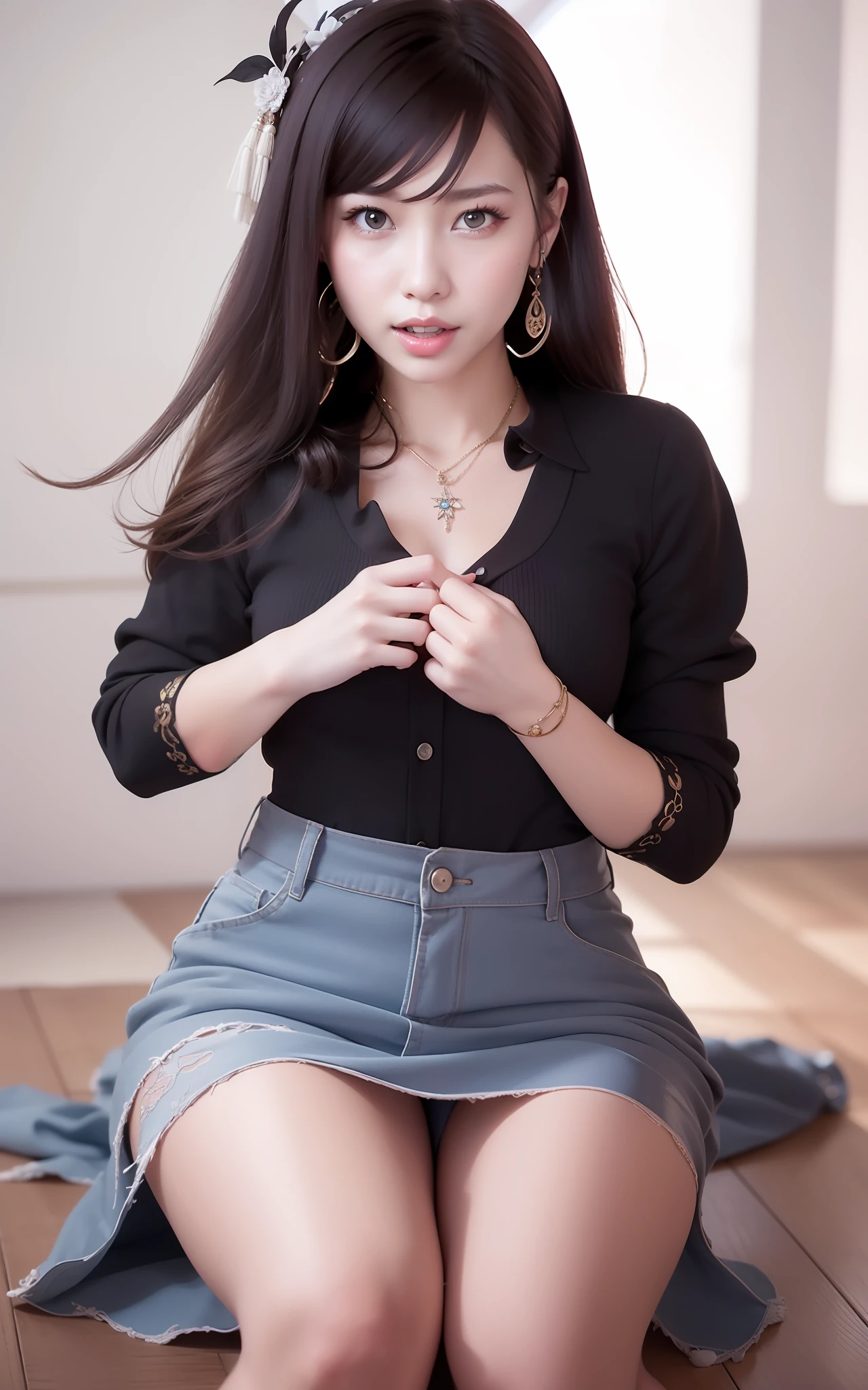 Best quality, masterpiece, detailed skin texture, detailed cloth texture, detailed face, super detail, 8k, intricate detail, 1girl, black hair, bangs, ancient Chinese background, thin, collarbone, headdress, earrings, bun, hair ornament, jewelry necklace, smile, full body photo