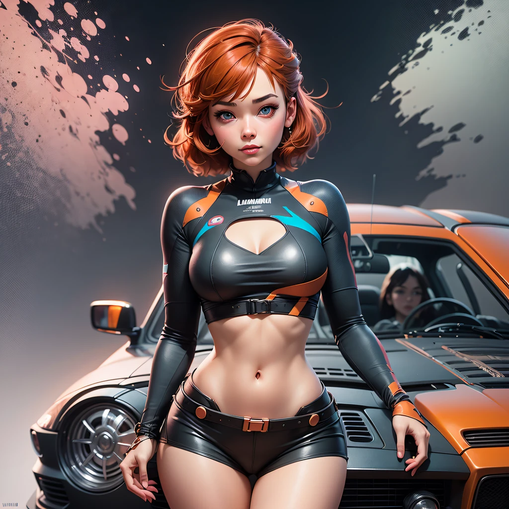 particle painting, artwork by Ilya Kuvshinov, artwork by WLOP, detail vector art, loose brush effect, luminance, ultra warm bright pastel colors, perfect hips, Riuko Matoi stretching, luminous, warm copper hair, pale, blue eyes, vector art, hazed out, artwork by Ilya Kuvshinov, bright orange-pink car show background