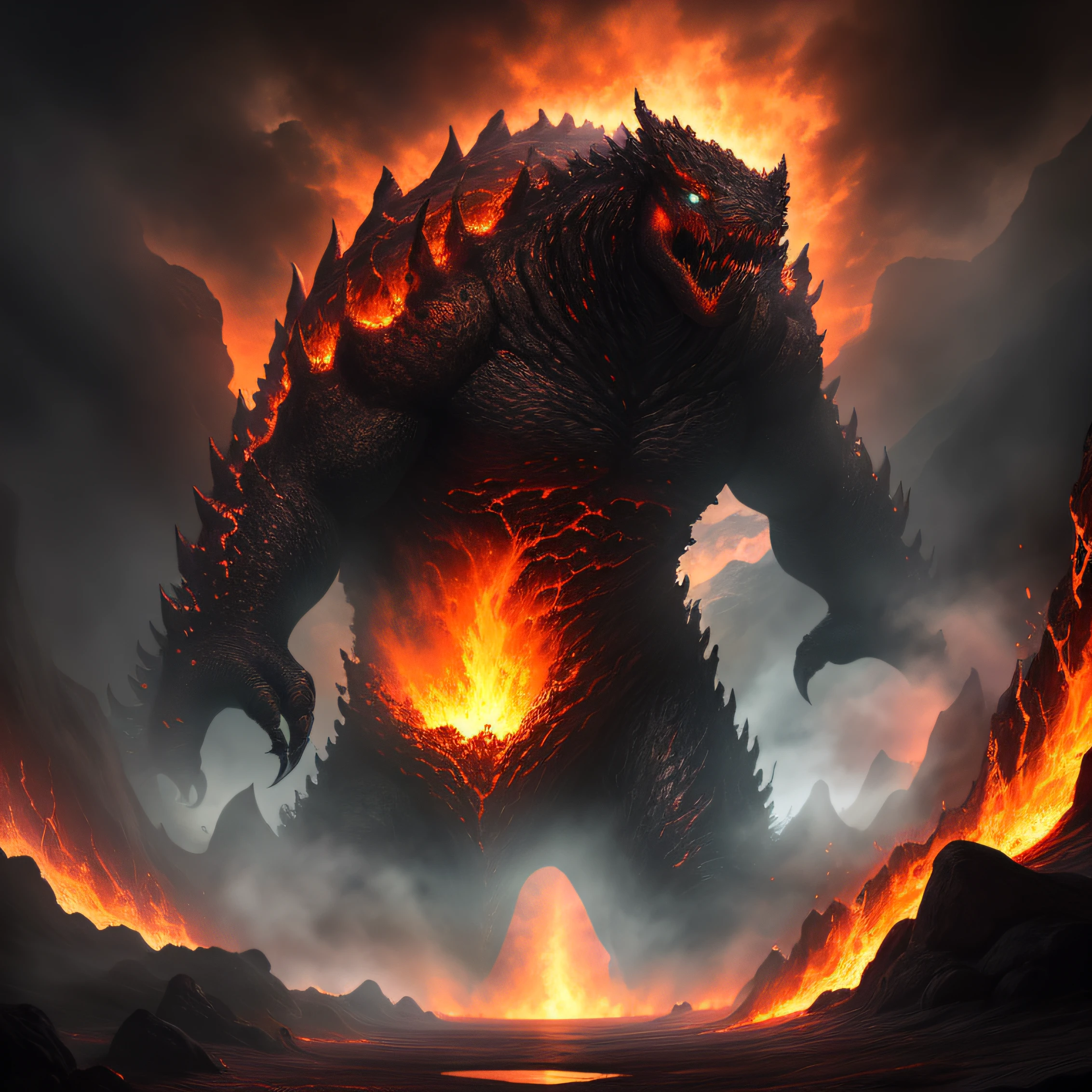 Grainy, Extremely detailed, Intricate Detailing, Dynamic lighting, Photorealistic, filmg, Natural lighting, Abyss, flowing lava, a giant monster getting out of it