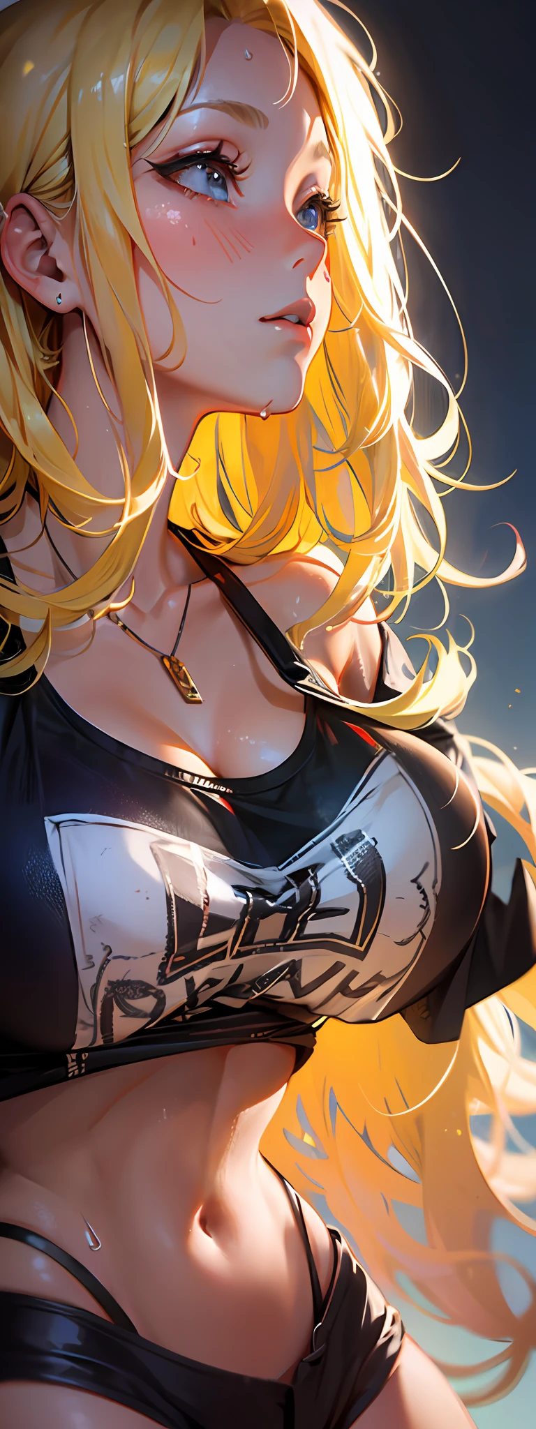 (1girl),large breasts, breasts, tan, dewy skin, sweaty skin, wavy blonde hair, punk tshirt, punk girl