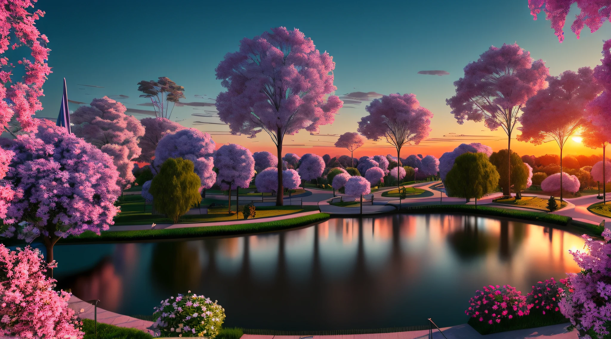 Una ciudad futurista. With neon signs. Un gran parque, with trees and a pond. realista. 8k. Detallado. puesta del sol