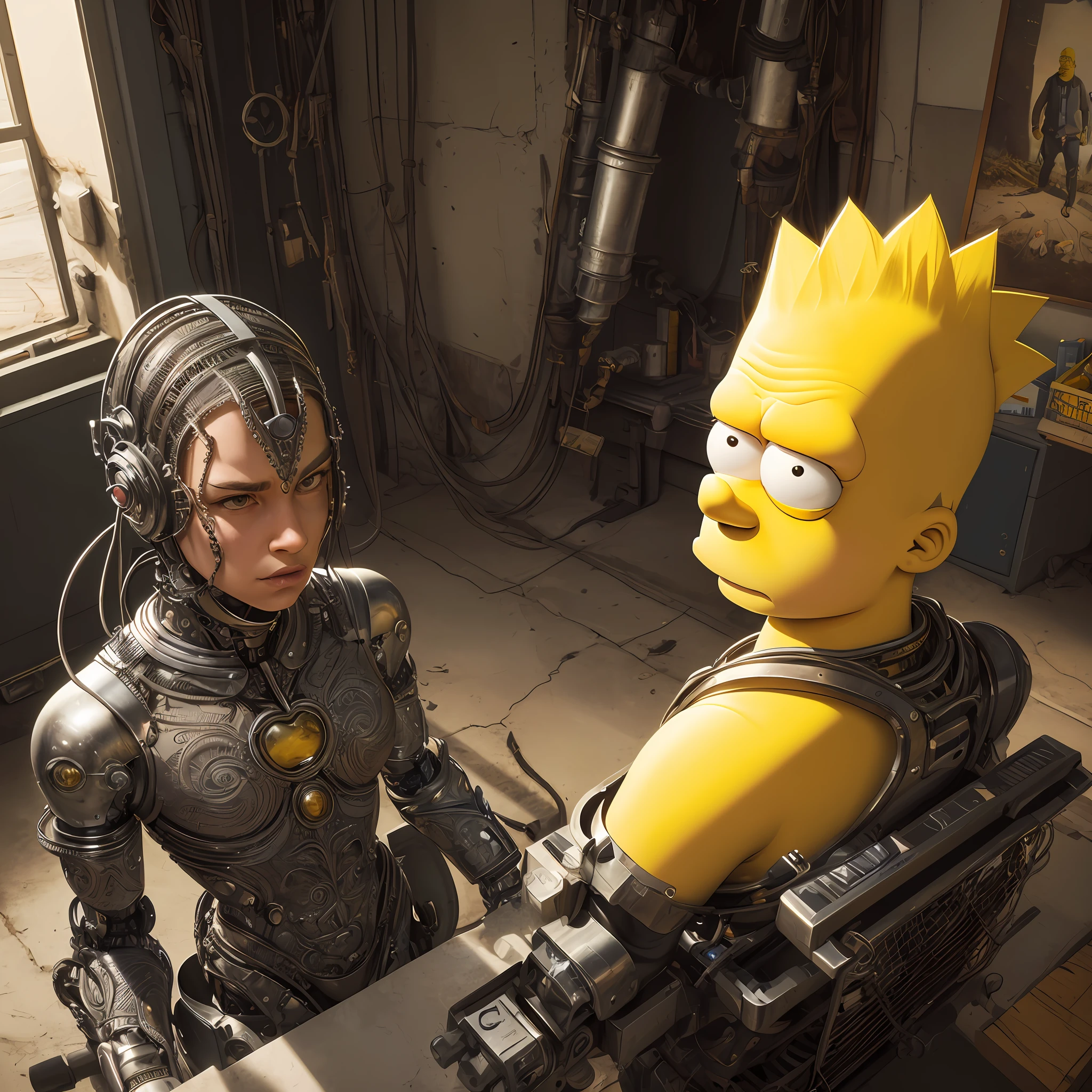 Identical Hero from the cartoon The Simpsons,  Bart Simpson, The whole body is made of metal, (A cyborg:1.1), ([tail | Detailed wire]:1.3), (intricate detail), HDR, (intricate detail, hyper-detail:1.2), Cinematic Frame, vignette, in the center, “Hyper-realistic textures," "Exact Details,” “Realistic still life,” “Realistic portraits,” “Realistic landscapes."