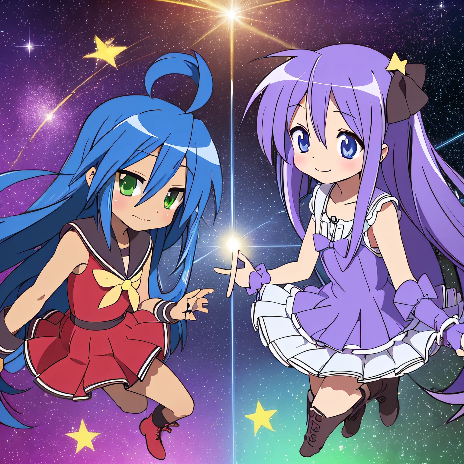 Konata Izumi、Blue hair、Ahoge、Lori、１１Year old girl、Green eyes、Mole under the left eye、Sauce order、(magical girl)), ((Gorgeous starry sky background)), ((Ultra Verbose)), ((Best Illustration)), ((Video Lighting)), Dynamic angles, floating, Fine, (flushed: 1.2), (Shine: 1.2), (Shine: 1.2), classic, (drawn: 1.1), (sketch: 1.1), (best qualiy), (illutstration: 1.2), (anime stile), (独奏), Beautiful detail face, (cuteface: 1.3), (big eye)), Colored hair, (slong hair: 1.2), (Flowing hair: 1.2), (Magical Girl Costumes), detail, (Shining wand: 1.3), (Magic Effects:1.3)、(flowing dress:1.2)、(Cute boots:1.1)、(transparent fabric:1.1)、(flickering:1.2)、(sparkles:1.2)、(sparkles:1.2)、(sparkles:1.2)、(sparkles:1.2)、(twinkle:1.2)