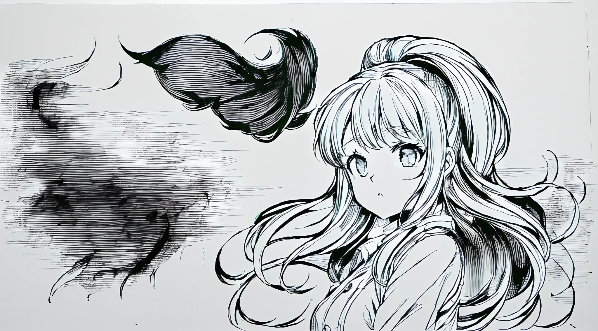 (black and white manga style,detailed manga style,pencil and ink manga,pencil and ink manga drawing,ink manga drawing,striking manga artstyle,Manga illustration,The manga art style shows the long hair of the characters、pony-tail,4k manga wallpapers,comic drawing,black and white manga,manga drawing)