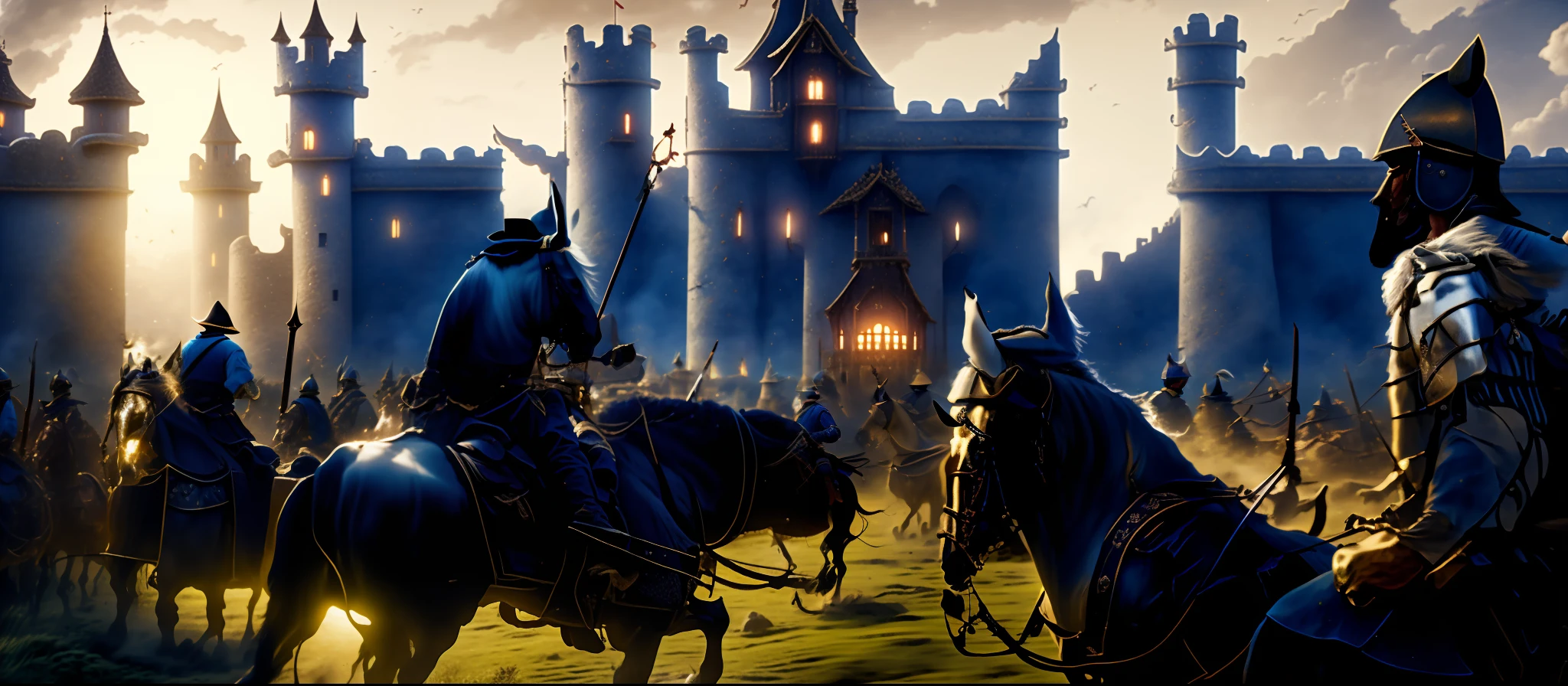 there are two men riding horses in front of a castle, background of invading army, Background: cena de batalha, animation film still, No estilo de Kyrill Kotashev, Captura de tela do jogo, Petros e Leonid