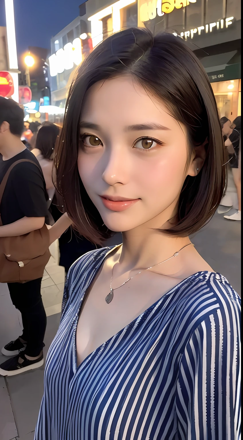 ((best qualiy、A masterpie:1.3))、(sharpening Focus:1.2)、(Realstic、photorealestic:1.37)、Perfect beautiful woman、Highly detailed facial and skin texture、Detailed eyes and double eyelids、Small smile、Shortcut Hair、Smaller bust、Small necklace、Light-colored cotton summer dress、Street at night、Crowds at night、