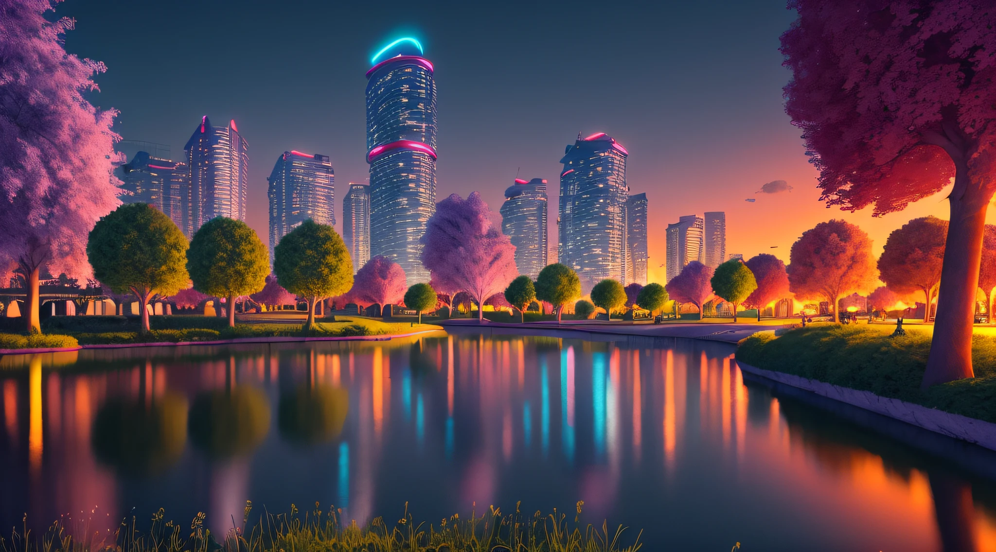 Una ciudad futurista. With neon signs. Un gran parque, with trees and a pond. realista. 8k. Detallado. puesta del sol