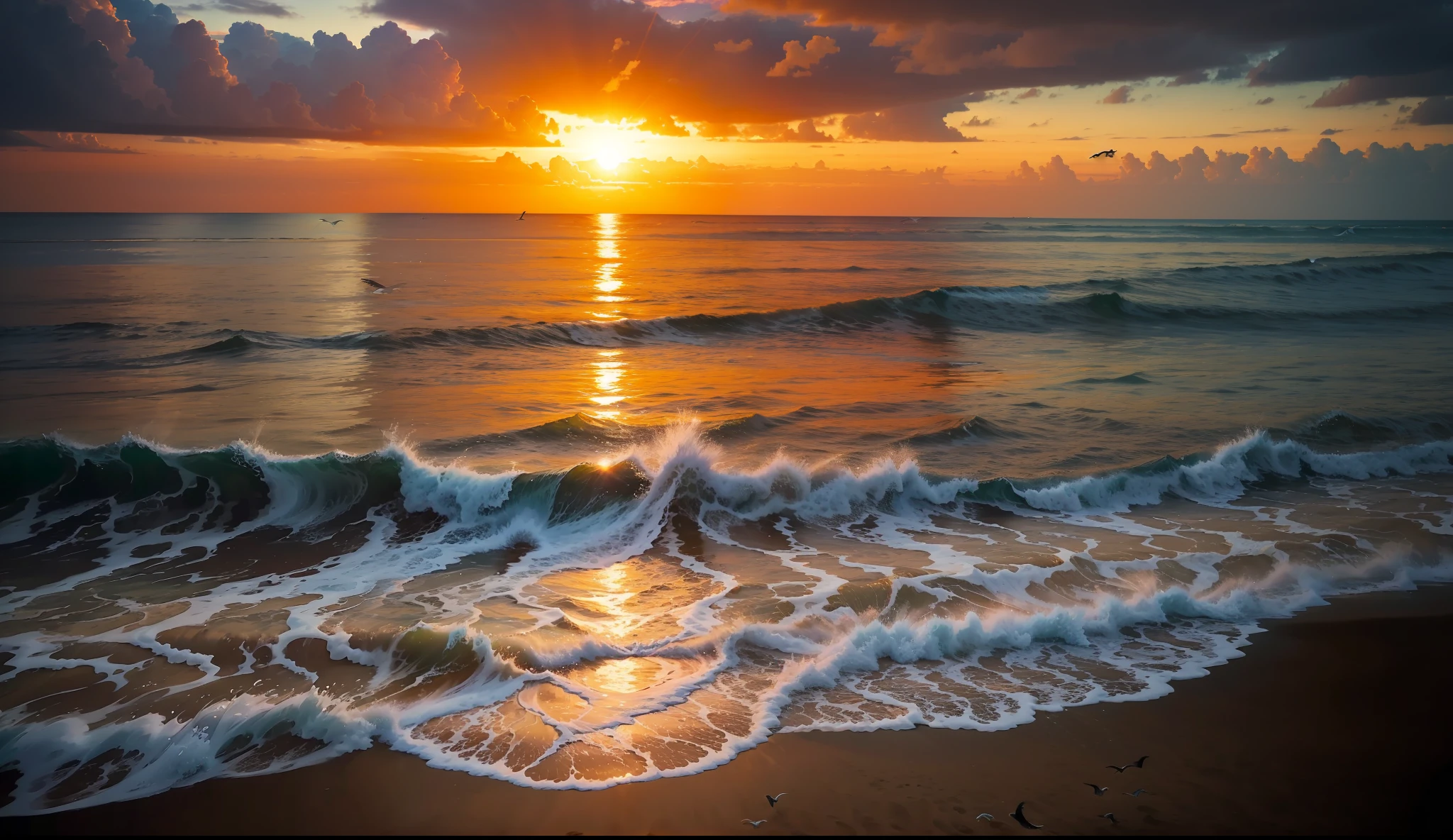 An absolutely mesmerizing sunset over the beach, with a blend of oranges, pinks, and yellows filling the sky. Crystal-clear waters of the sea gently kissing the shore, with sandy white beach stretching far and wide. The scene is dynamic and breathtaking, with seagulls soaring high in the sky and gently swaying palm trees. Take in the calming atmosphere and let the peacefulness wash over you.
