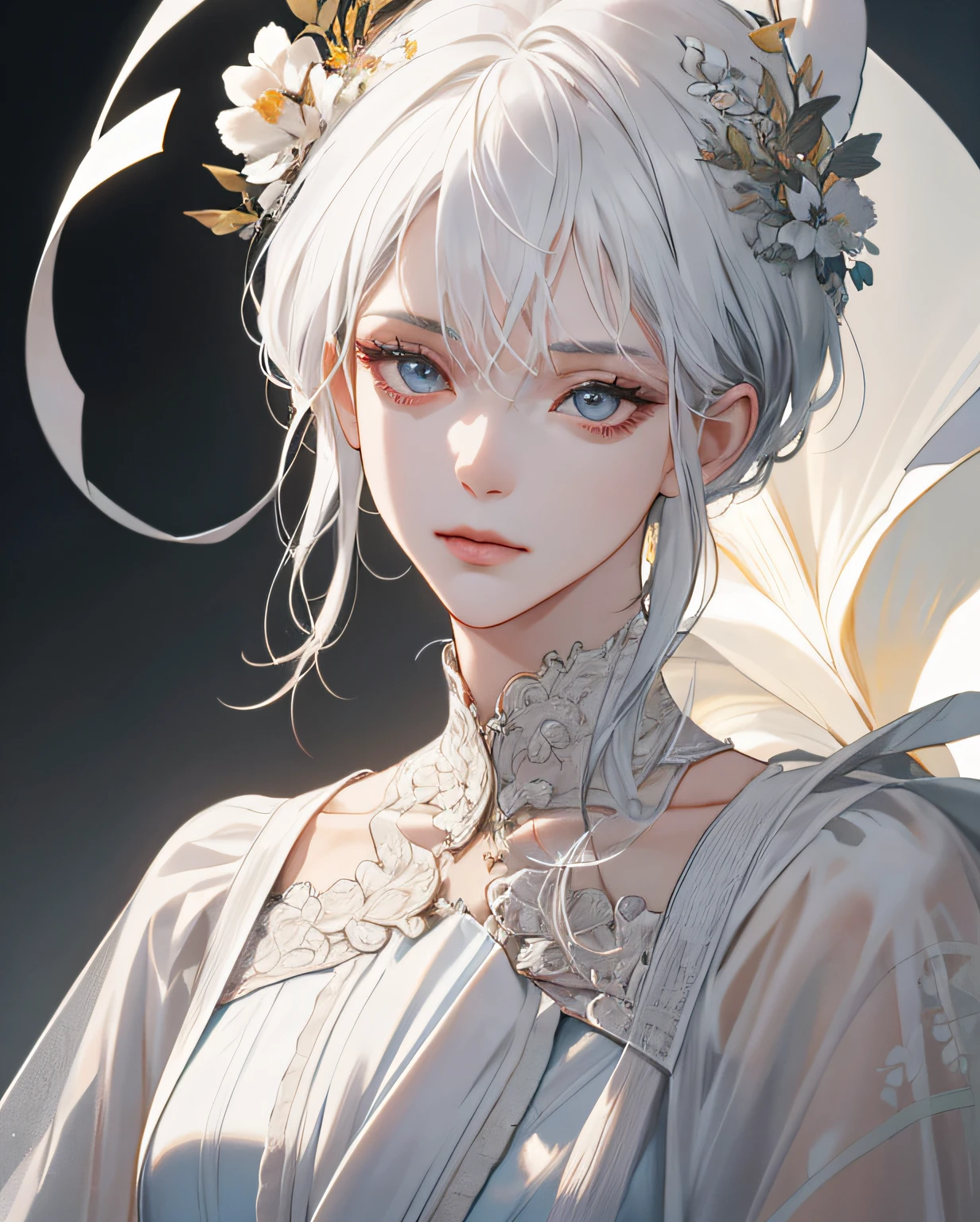 (Extremely Delicate and Beautiful:1.2), 8K ,(Masterpiece:1.0),(best_quality:1.0), 1girl, mature woman, complex details, enlarged textures, complex details, finely detailed eyes and detailed face, intricate details, white hair, (closed mouth), perfect eyes, equal eyes, (goddess), perfect body, extremely detailed