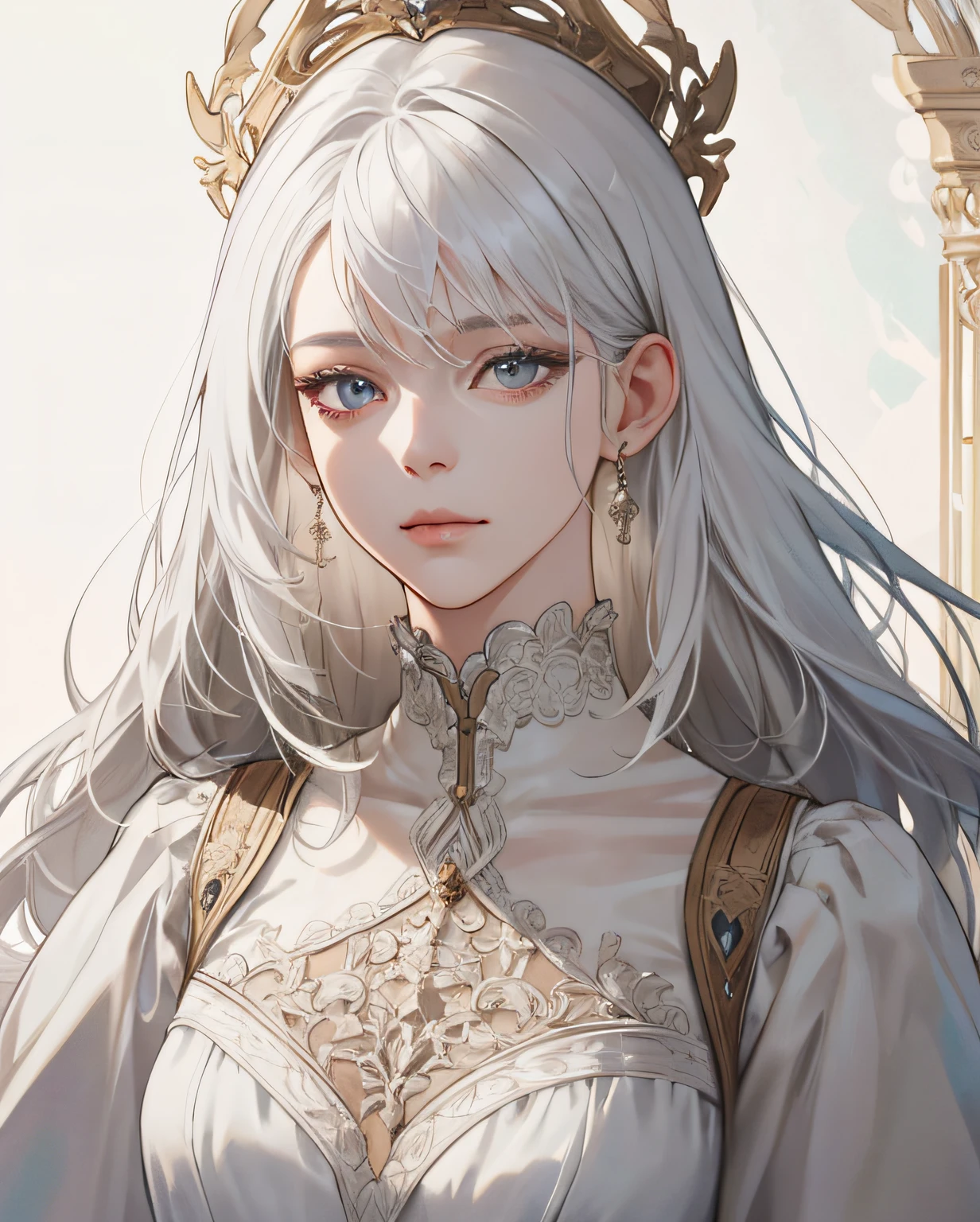 (Extremely Delicate and Beautiful:1.2), 8K ,(Masterpiece:1.0),(best_quality:1.0), 1girl, mature woman, complex details, enlarged textures, complex details, finely detailed eyes and detailed face, intricate details, white hair, (closed mouth), perfect eyes, equal eyes, (goddess), perfect body, extremely detailed