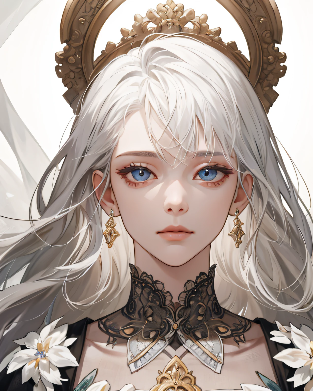 (Extremely Delicate and Beautiful:1.2), 8K ,(Masterpiece:1.0),(best_quality:1.0), 1girl, mature woman, complex details, enlarged textures, complex details, finely detailed eyes and detailed face, intricate details, white hair, (closed mouth), perfect eyes, equal eyes, (goddess), perfect body, extremely detailed