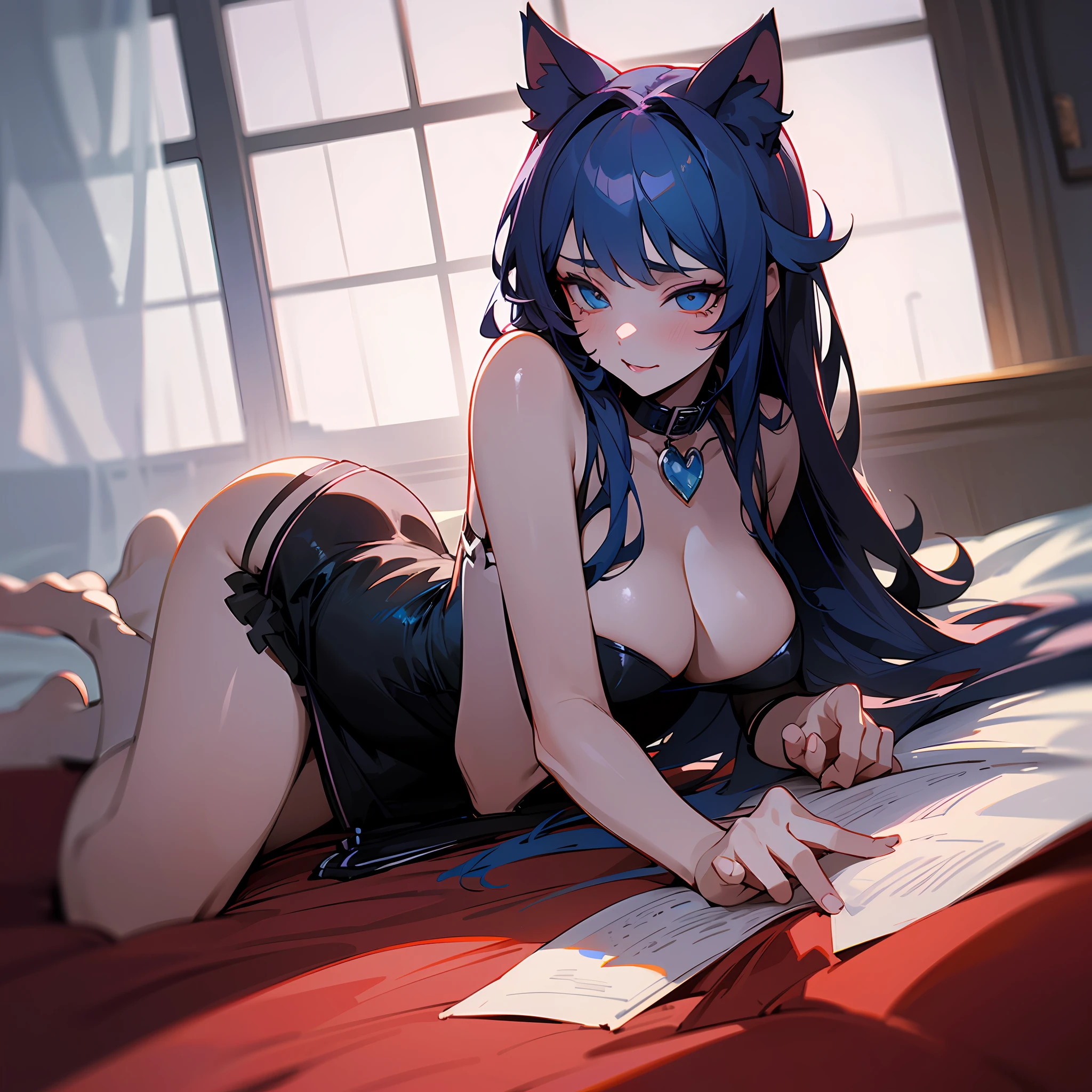 (8k, RAW photo:1.2), best quality, ultra high res,dramatic angle,(fluttered detailed color splashs), (illustration),(((1 girl))),(long hair),(rain:0.9),,Sexy young lady royal sister wearing a maid uniform,contrast,Wearing a collar,fot tail,Cat ears lying on bed seducing others,The look of seducing others
