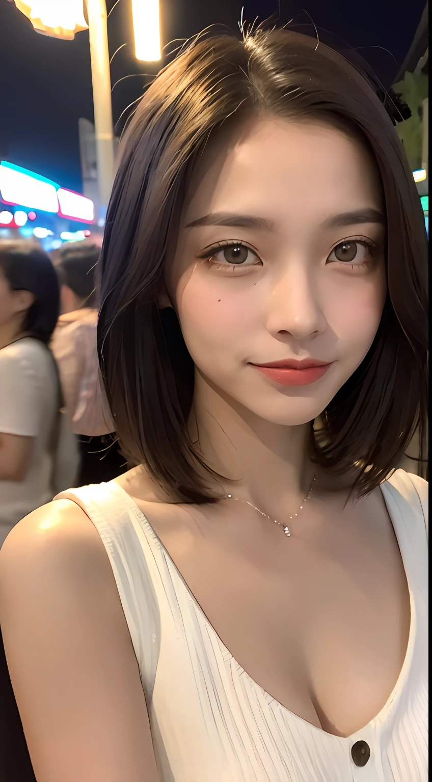 ((best qualiy、A masterpie:1.3))、(sharpening Focus:1.2)、(Realstic、photorealestic:1.37)、Perfect beautiful woman、Highly detailed facial and skin texture、Detailed eyes and double eyelids、Small smile、Shortcut Hair、Smaller bust、Small necklace、Light-colored cotton summer dress、Street at night、Crowds at night、