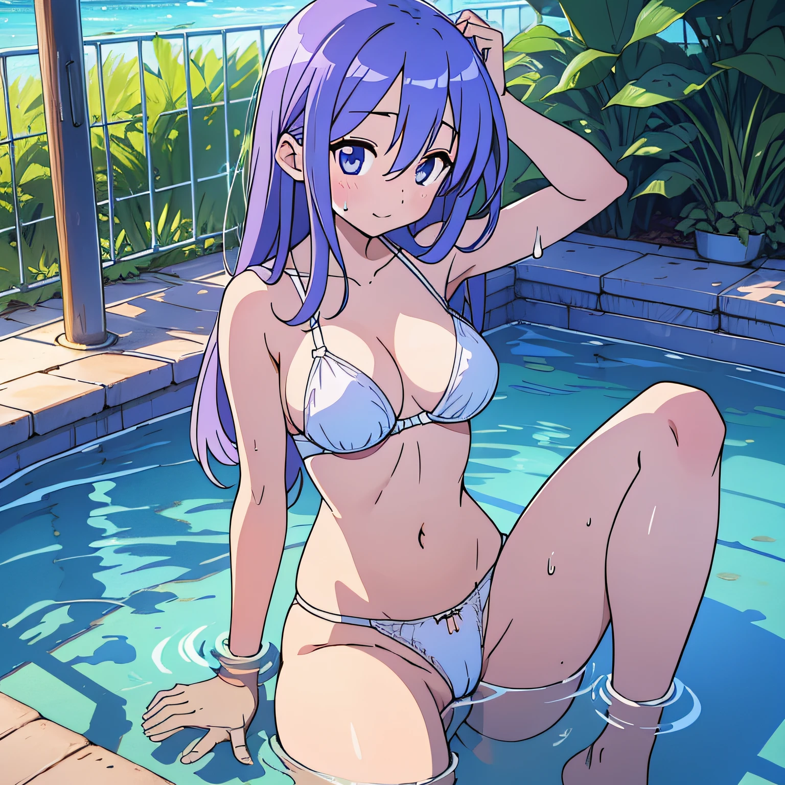 Kagami Hiiragi、Tsukasa Hiiragi、Lori、Micro Bikini、2girl、{{{Sheer underwear}}}、{{Wet skin}}、{{Wet clothes}}、(masterwork)、(best qality)、 (ultra- detailed)、(the best illustration)、light purple hair、ars old、NSFW、NSFW、Master Masterpiece, Professional lighting、Clean skin、 Slender, Very cute, Young face, Sheer clothes、Wet clothes、 looking a viewer, Dari bawah、Lower breast、bra less、White panties、Sheer underwear、Wet body , (grabbing own breasts:1.2)、 sit、Open legs、Raise your legs、Watered、splashed water、Blue rubber hose、Hose that wraps around the body、Water rushing out of the hose、sweatdrop、pool、blue sky、Sunlight、rainbow