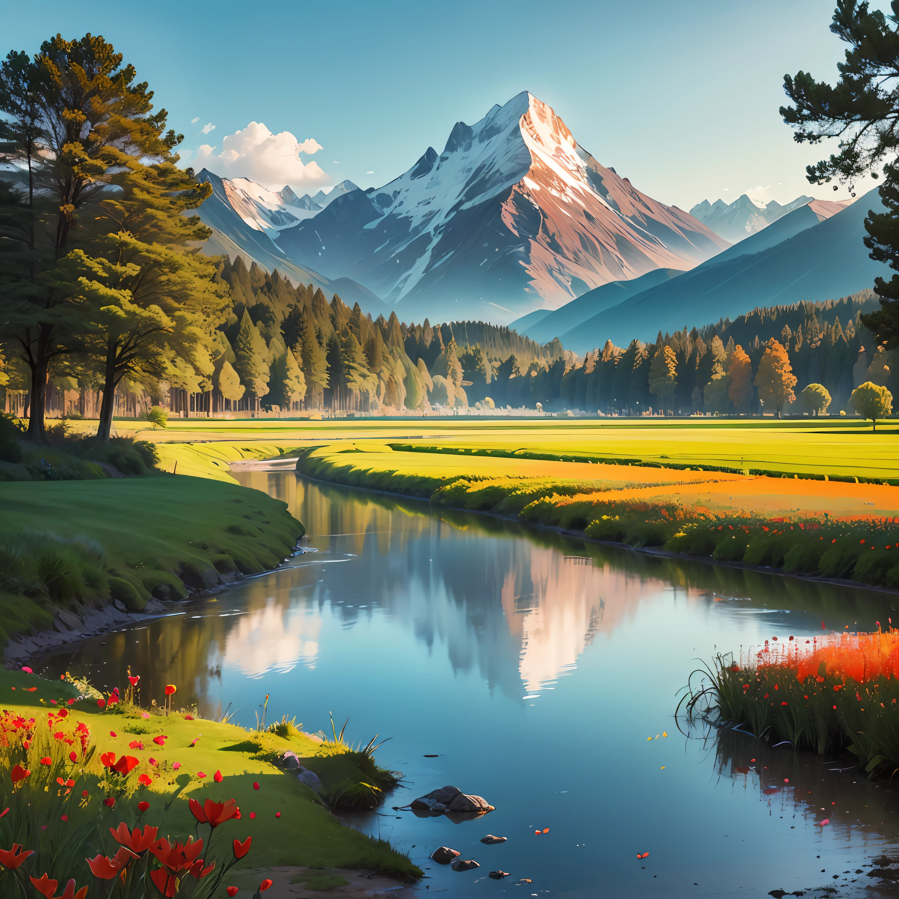 mountains, un lago azul, A field with red flowers and yellow blue birds, arboles de distintos colores --auto