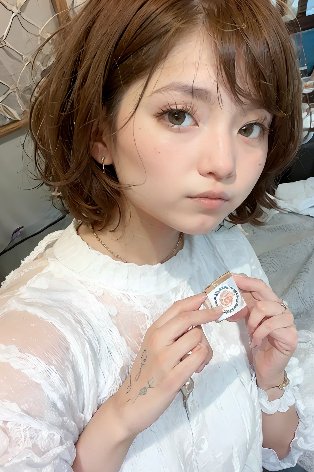 chestnut hair、eyewear、Sunny days、sailor clothing、squatting posture、Straight short hair、Female oyster、ビッチ、cigarette、piercings、Split Tan